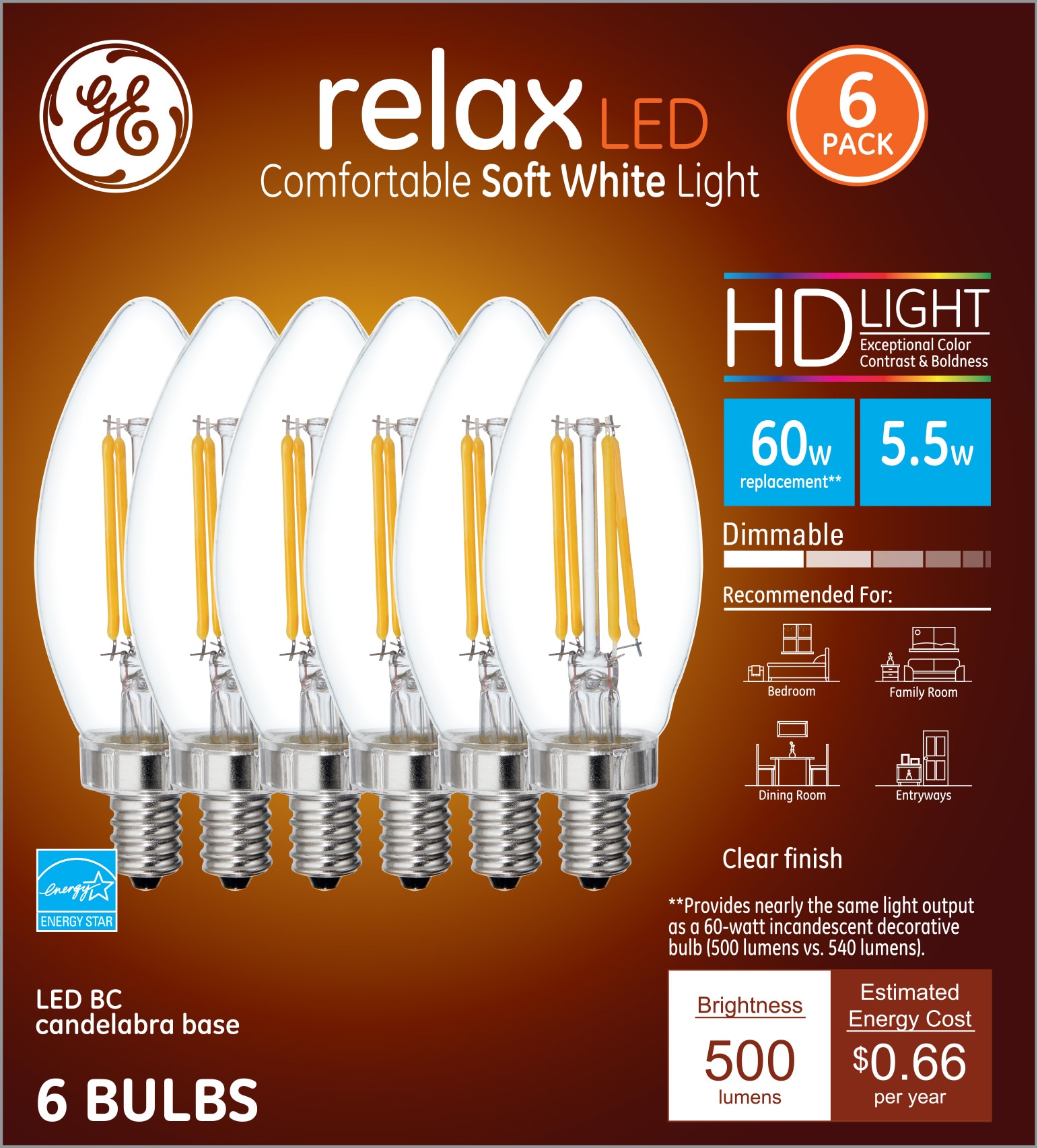 GE 60Watt EQ BC Soft White Candelabra Base (e12) Dimmable LED Light