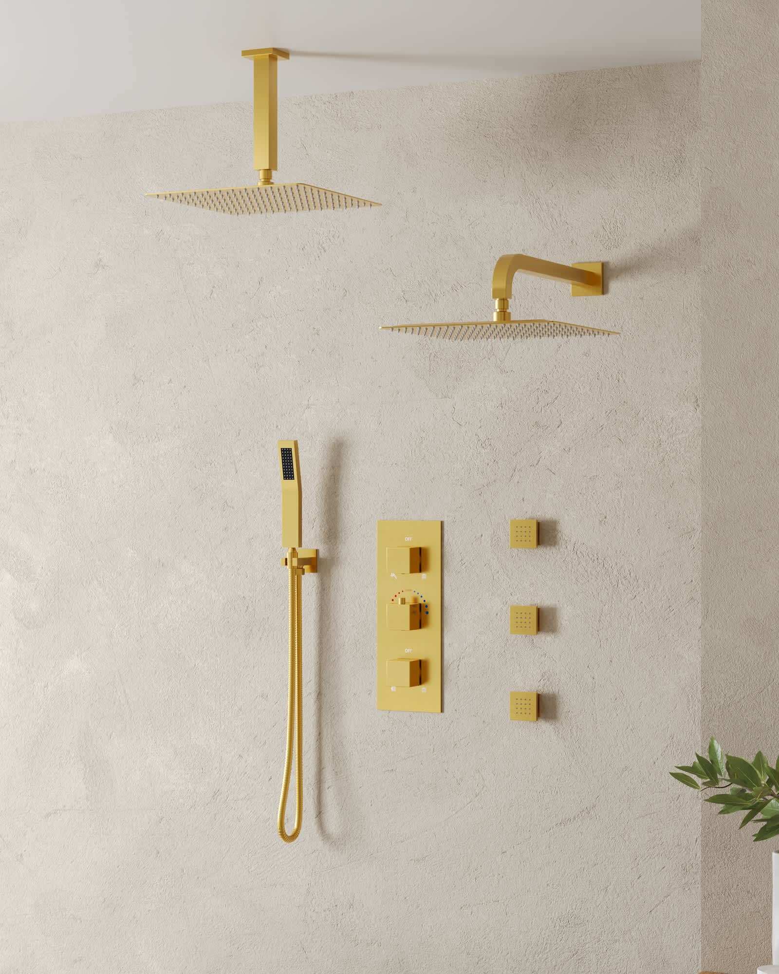 EVERSTEIN SFS-1070-GD12 8-Spray Patterns Fixed and Handheld Shower Head with 12 in. Wall Mount in Brushed Gold