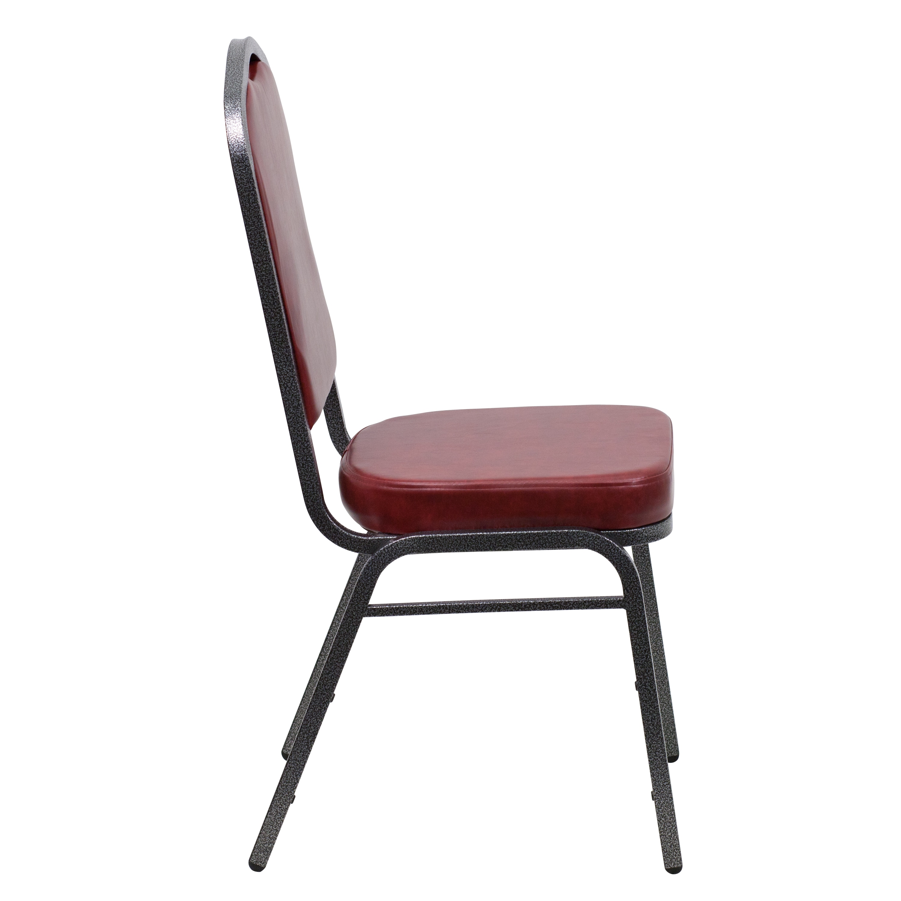 Elegant Burgundy Vinyl Stacking Chair with Silver Vein Metal Frame