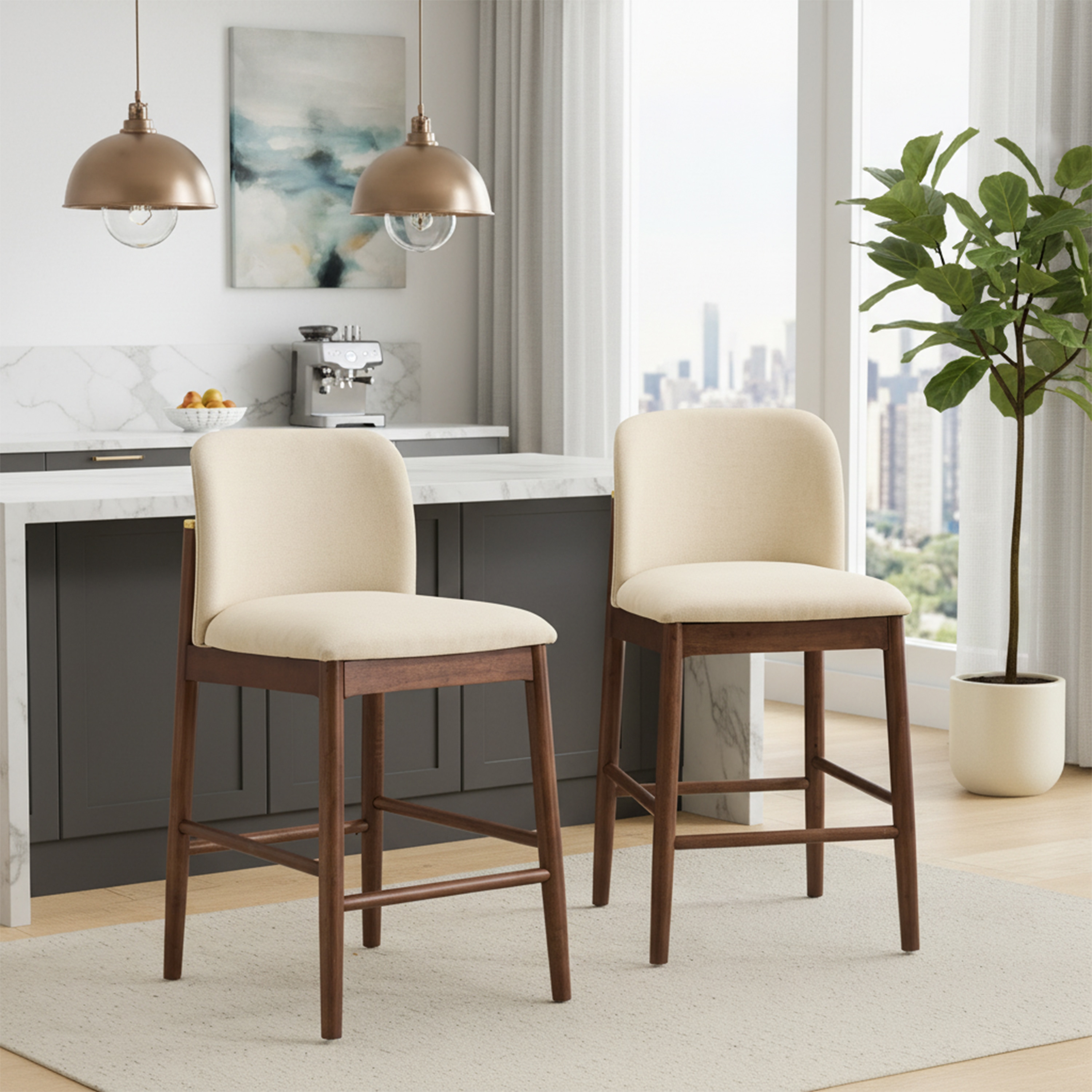 ModernLuxe Assembly Required Lois Indoor Upholstered Wooden Counter Stool  Bar Chair  Dark Walnut Finish Frame with Beige Upholstery  Set of 2