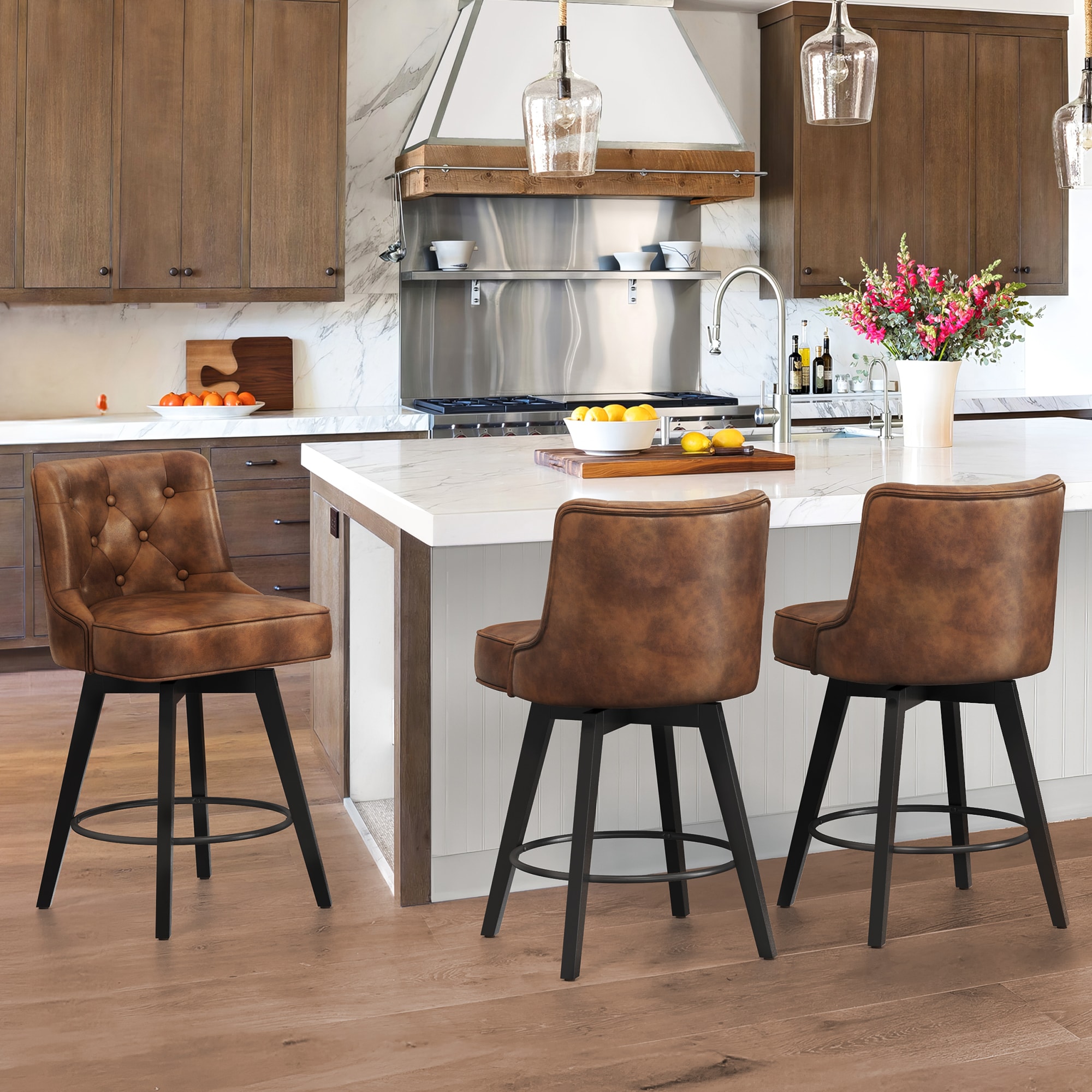 LUE BONA 3YB-155-06LS Set of 3 Brown/Faux Leather 26-in H Counter height (24-in to 27-in) Square Seat Upholstered Swivel Wood Back Bar Stool Back