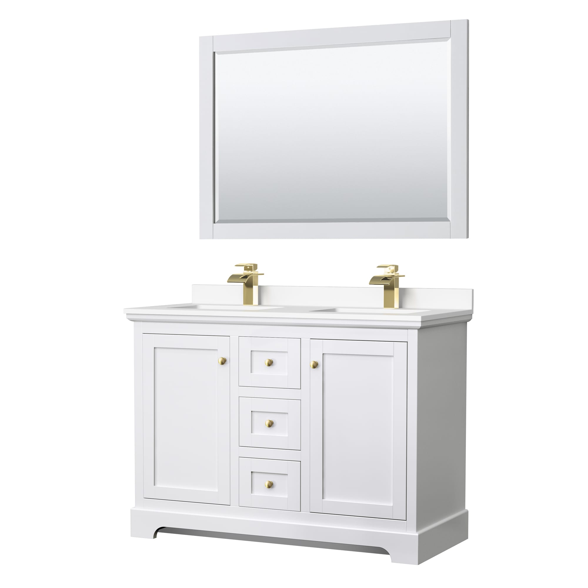 Wyndham Collection WCV232348DWGWCUNSM46 Avery 48-in White with Brushed Gold Trim Undermount Double sink Bathroom Vanity with White Cultured Marble Cultured marble Top (Mirror Included)