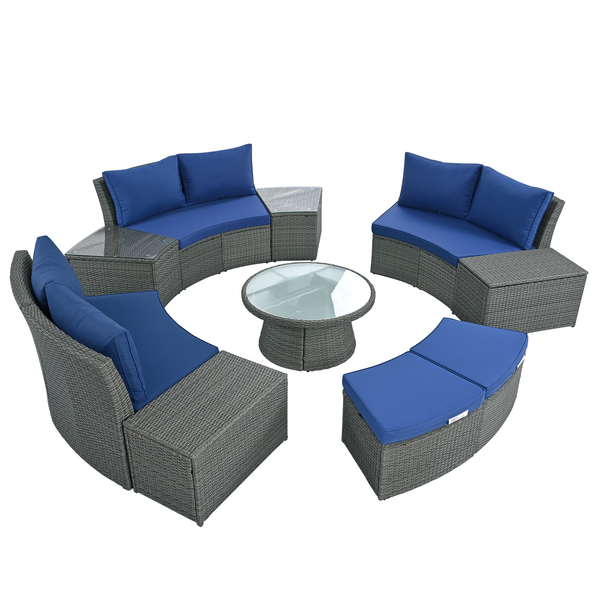 Nestfair FETOP0002C Patio Furniture Wicker Outdoor Sectional with Blue Cushions and Rattan Frame