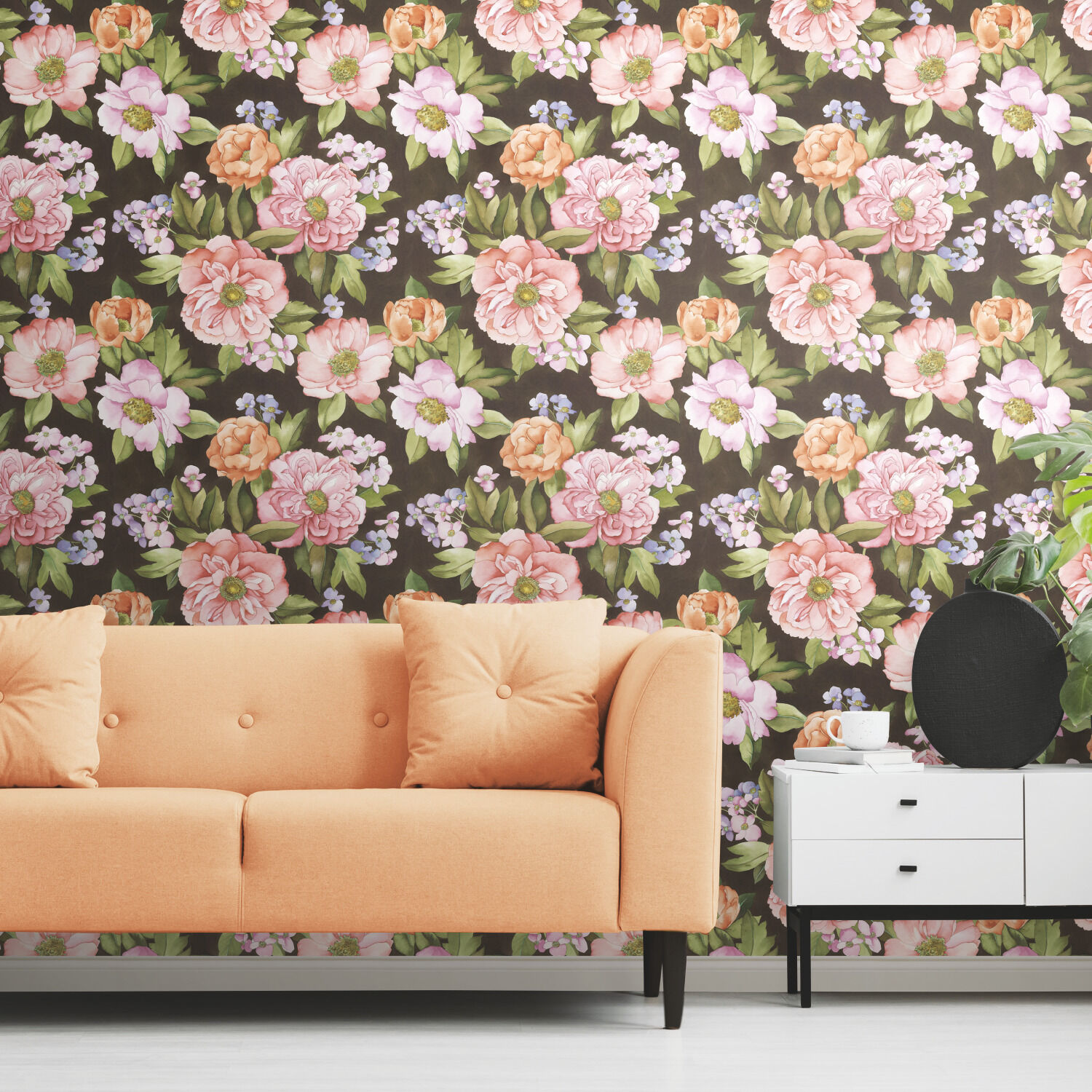 RoomMates RMK11447RL 28.29-Sq. Feet Black Vinyl Floral Self-adhesive Peel and Stick Wallpaper