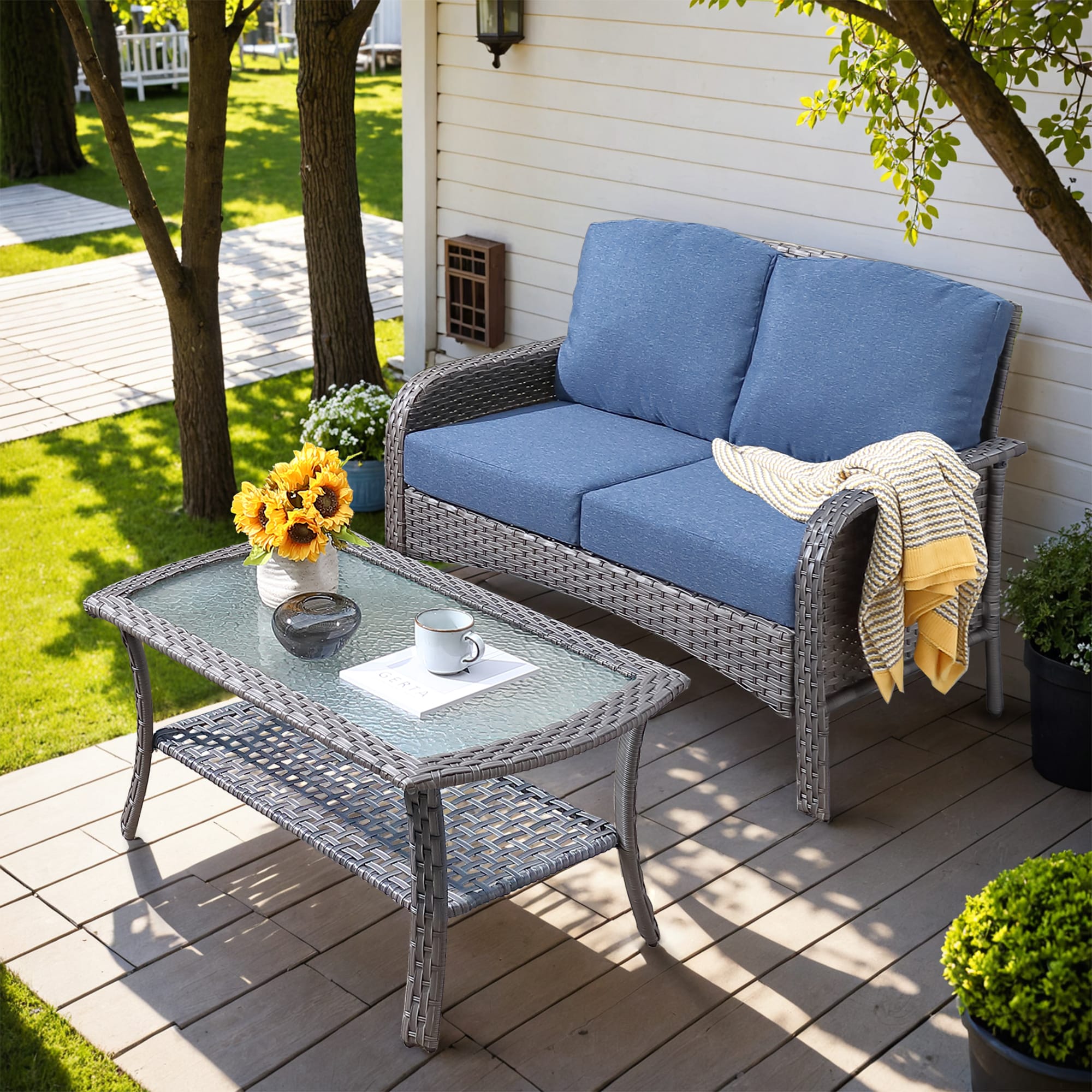 Ovios GNDS300-1 New Augtus Wicker Outdoor Loveseat with Blue Cushions and Iron Frame