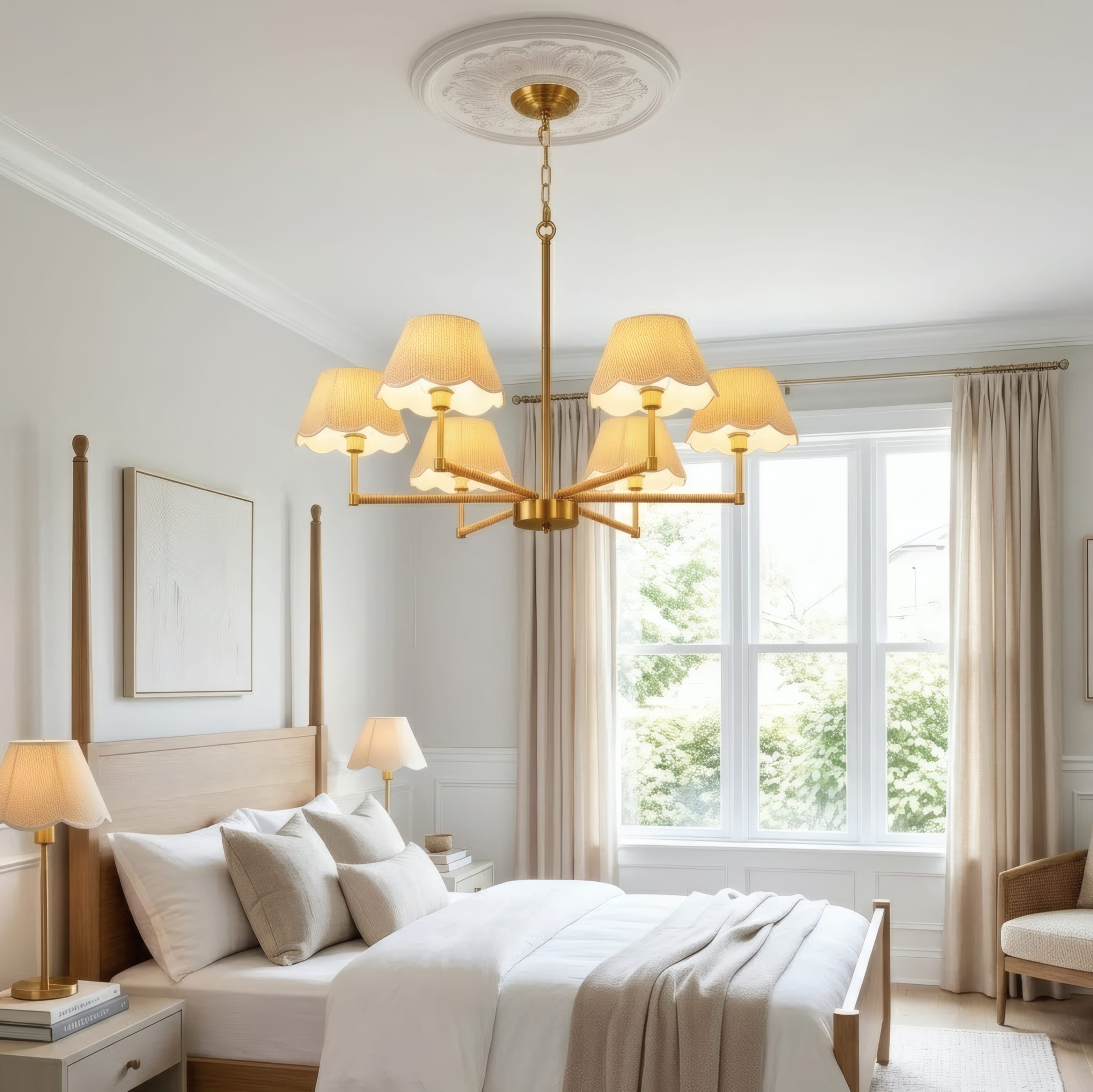 RCCFBHM Modern Gold Chandelier 6 Light Rope and Fabric Shade Pendant Lighting Romantic Golden Round Ceiling Hanging Light Fixture