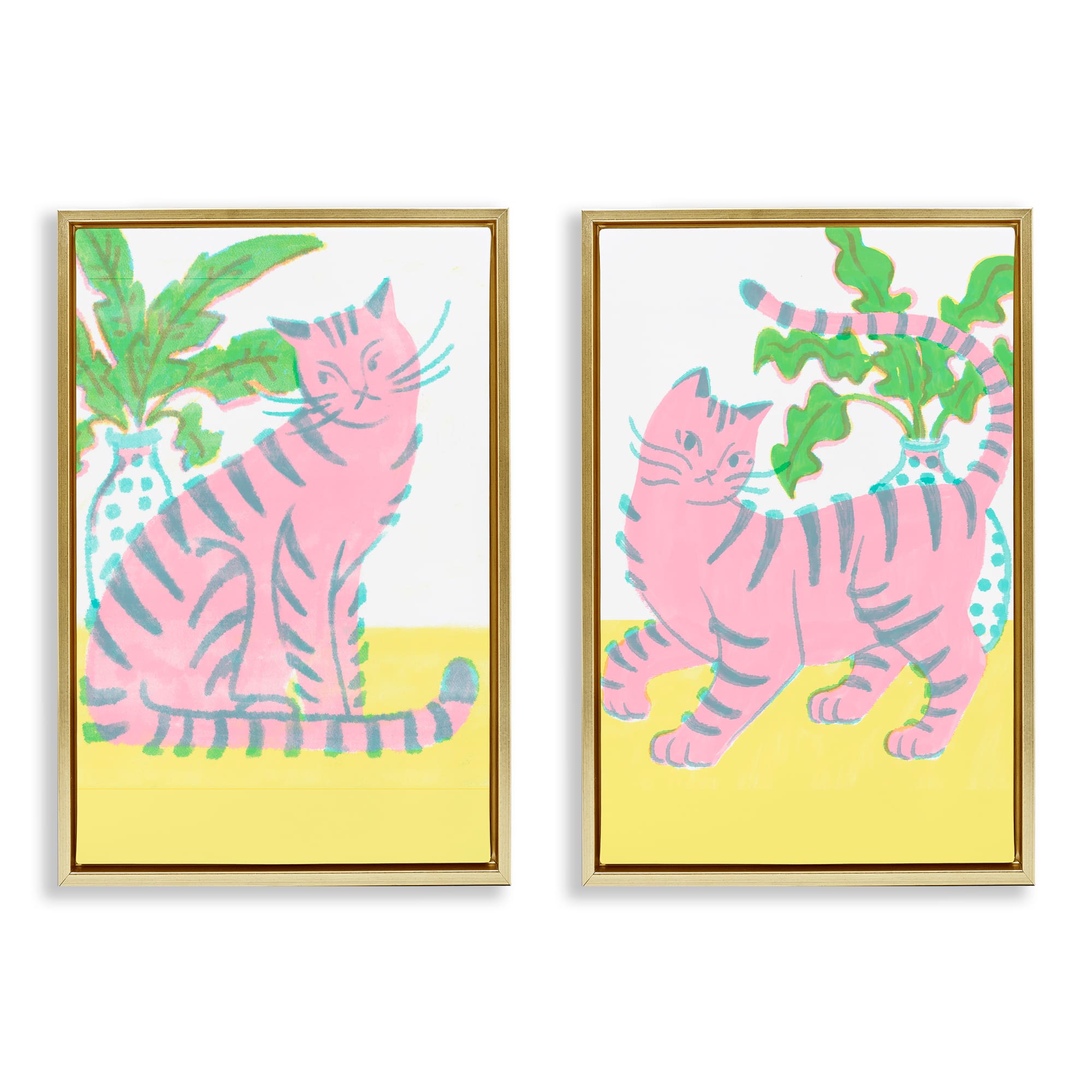 Stupell Industries B2-890-FFG-2PC-16X24 Pastel Pink Cats and Plants 2 Piece Gold Framed Floater Canvas Set By Hannah Moren 17 x 25