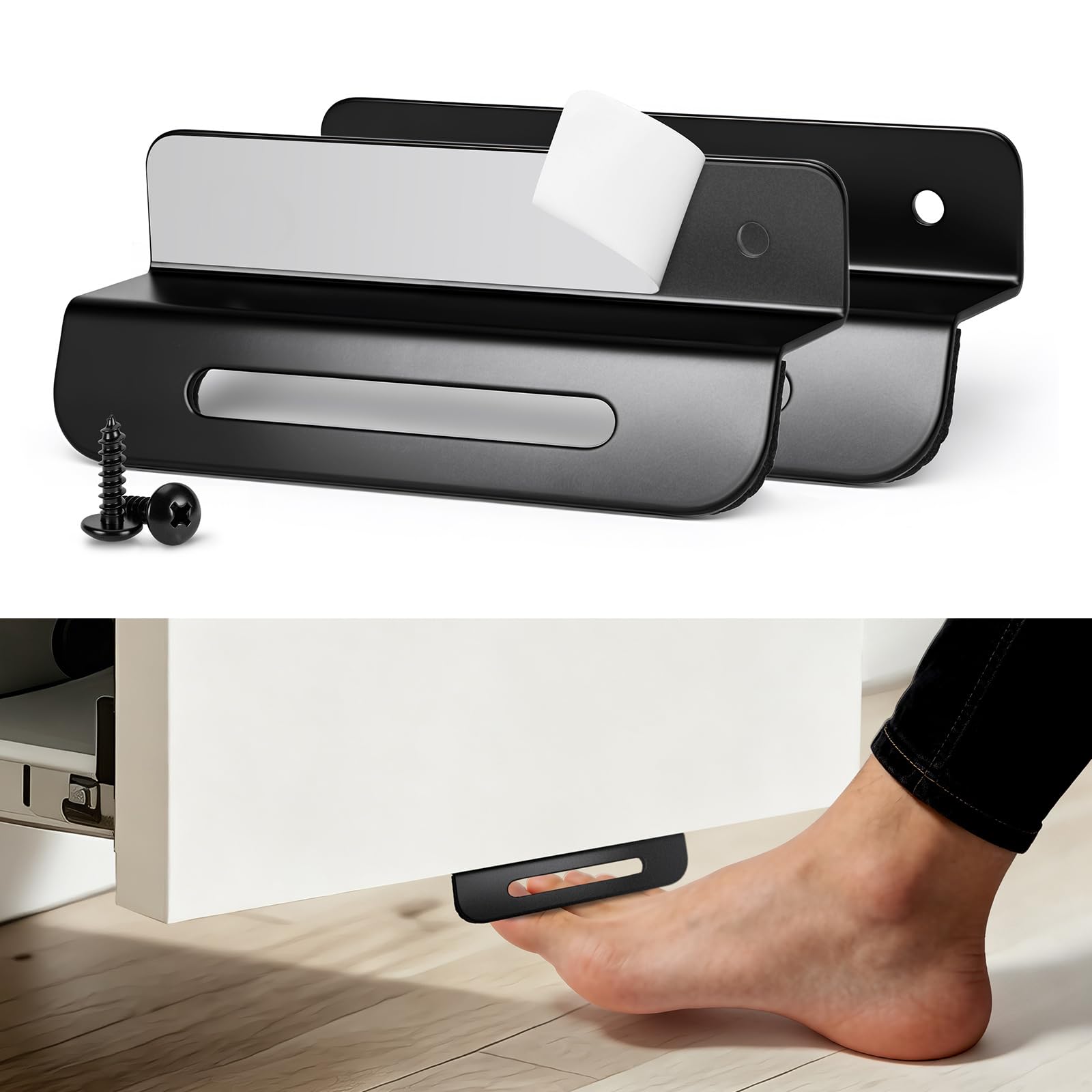 SenQWFa  Under Cabinet Foot Pull Two Pack with Adhesive and Screws Hands Free Toe Kick Opener for Trash Cabinet Door Black