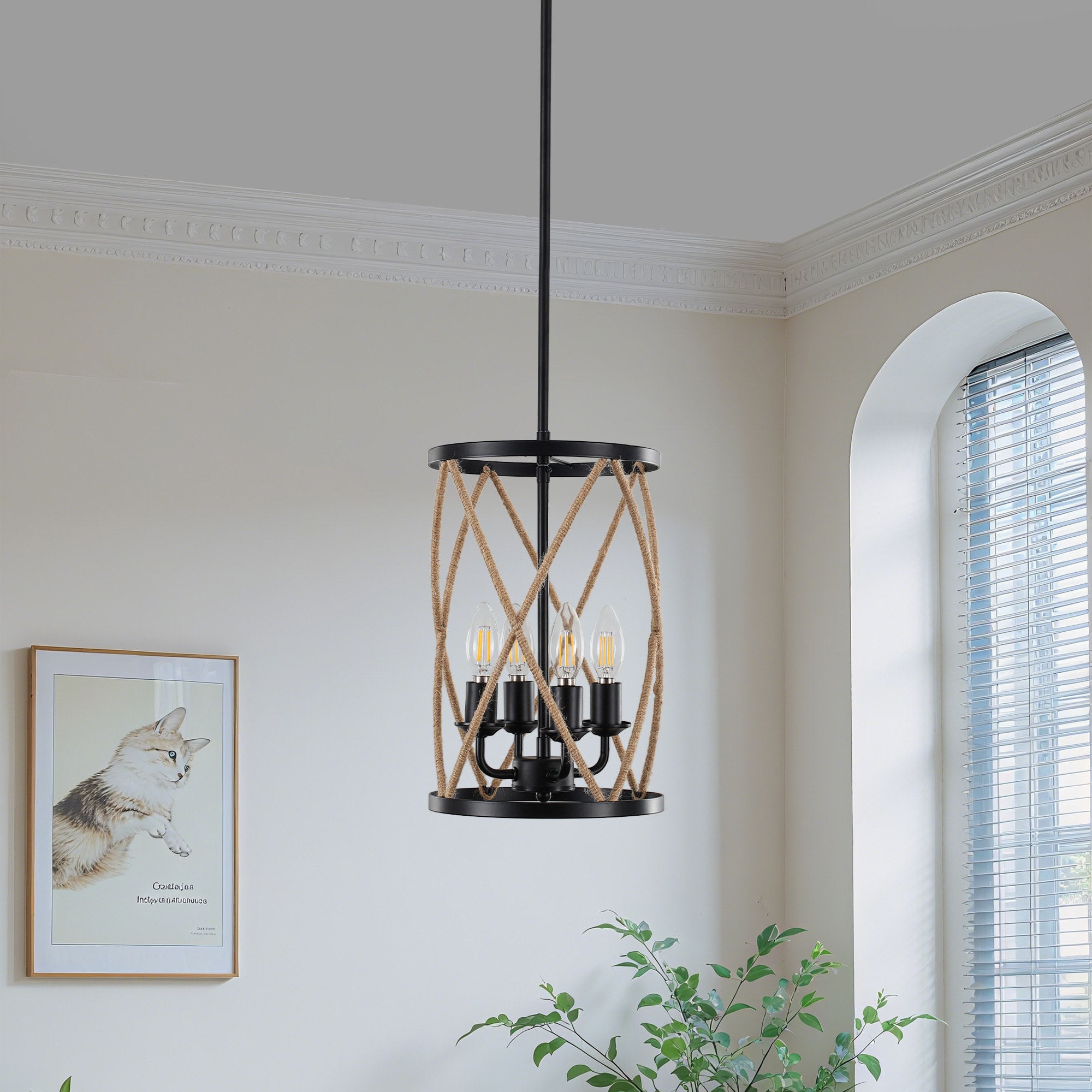 GZJunYo 4-Light Matte Black Industrial Farmhouse Rope Cage Small Hanging Pendant light