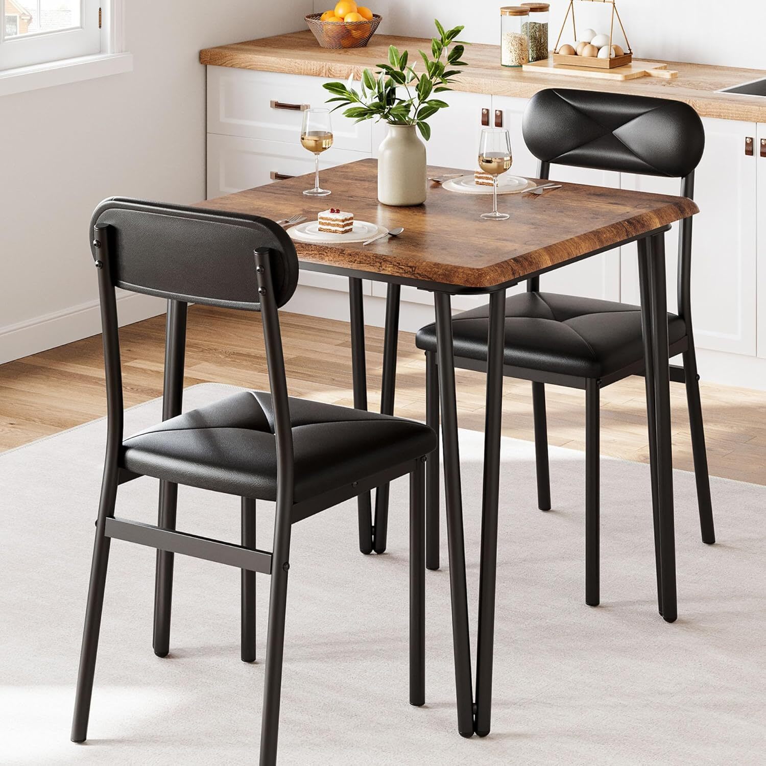 WhizMax XSN-PHO-0Z725-BR2 Small Table and Chairs Set of 2 Square Dinette Set for 2 Dinner Table Set 3 Piece Dining Room Sets for Small Space Apartment Home Office Rustic Brown