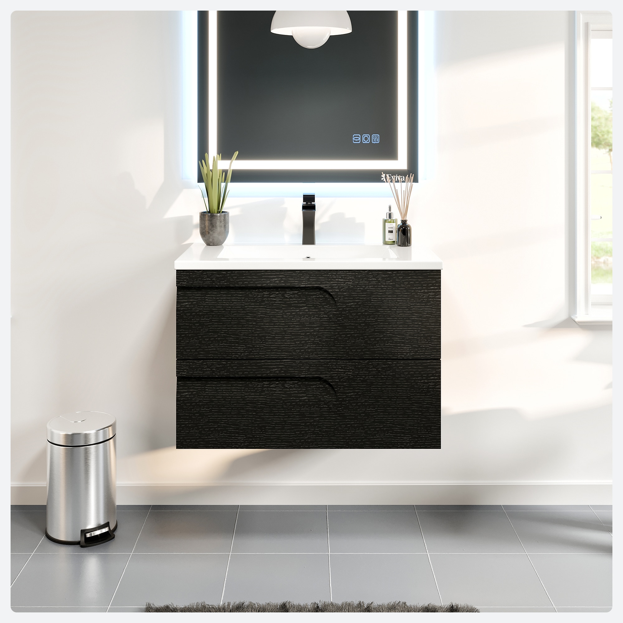 Eviva EVVN23-24BW-WM Joy 24-in Blackwood Single Sink Floating Bathroom Vanity with White Porcelain Top