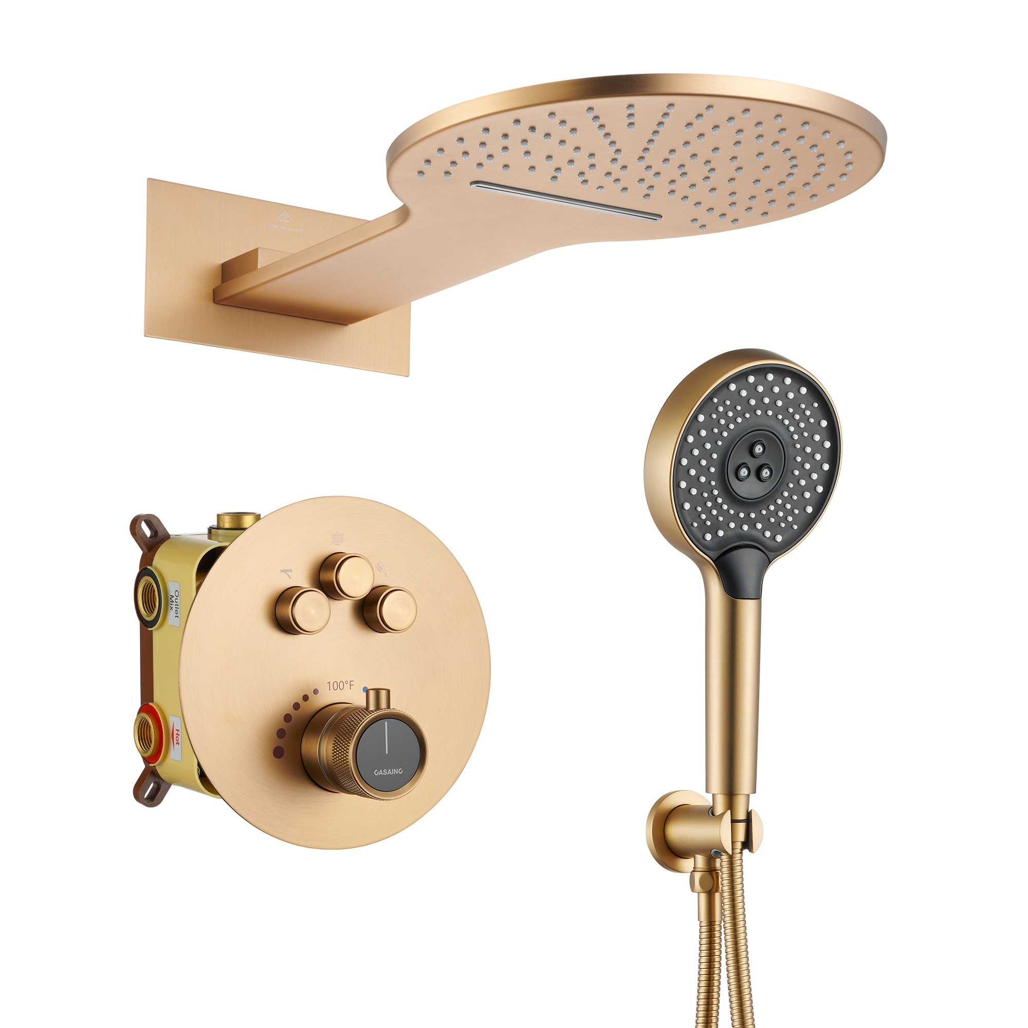 CASAINC CS6220-22BG Brushed Gold 22-in Waterfall Built-In Shower Faucet System with 3-way Diverter ( Thermostatic Valve Included )