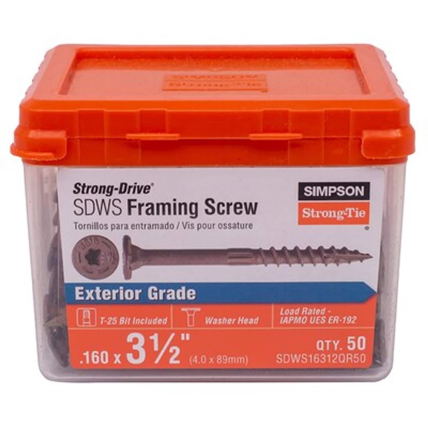 Simpson Strong-Tie Strong-Drive SDWS Framing #12 x 3-1/2-in Zinc-plated Exterior Structural wood screws 50 -Per Box #SDWS16312QR50