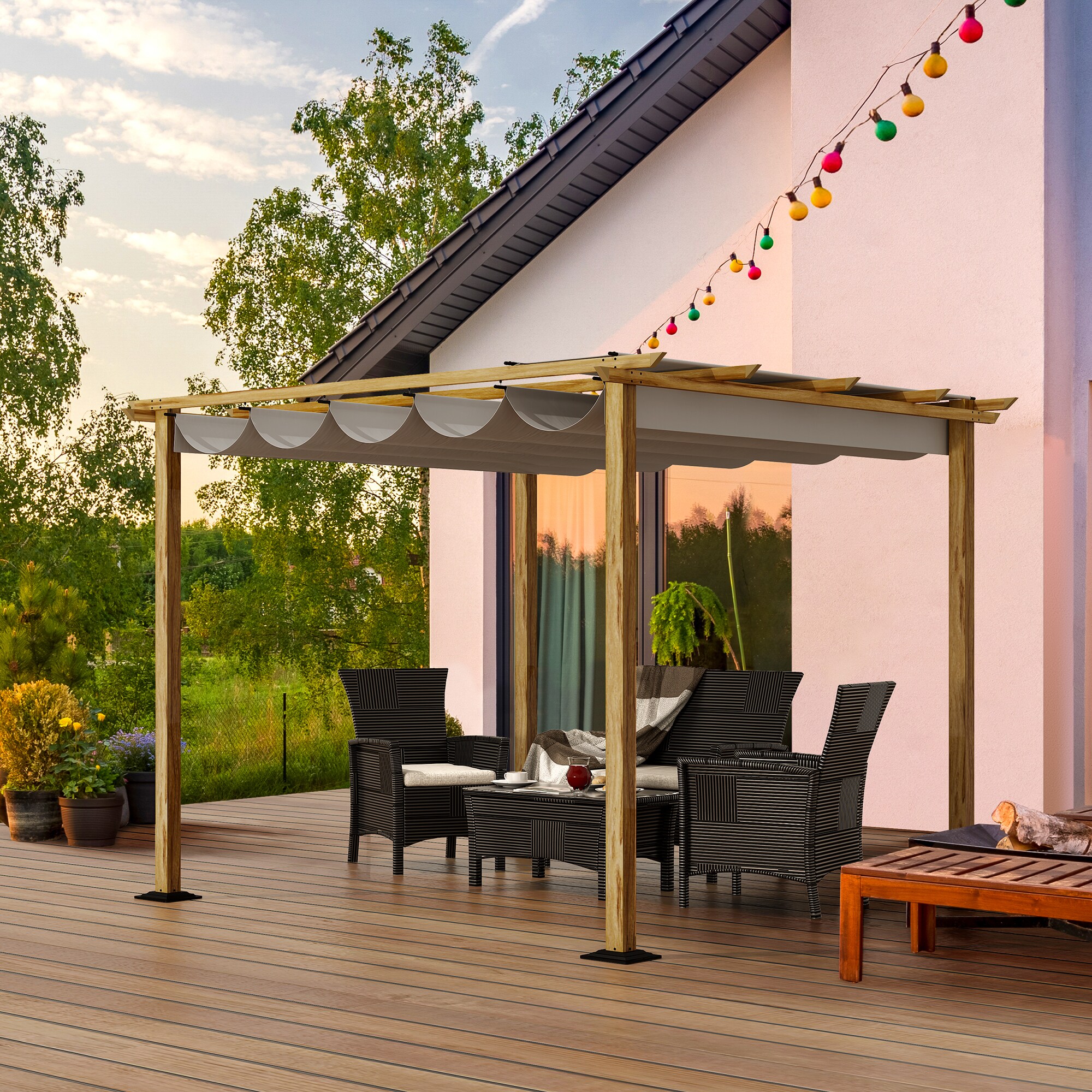 Vita 10 ft. x 10 ft. White Vinyl Deluxe Pergola with Base Moldings and Canvas Weave