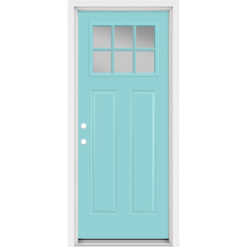 Masonite 321271 Steel Doors Series 32-in x 80-in x Steel No glass Right-hand inswing Caribbean Blue Painted Prehung Front Door with Brickmould Insulating core