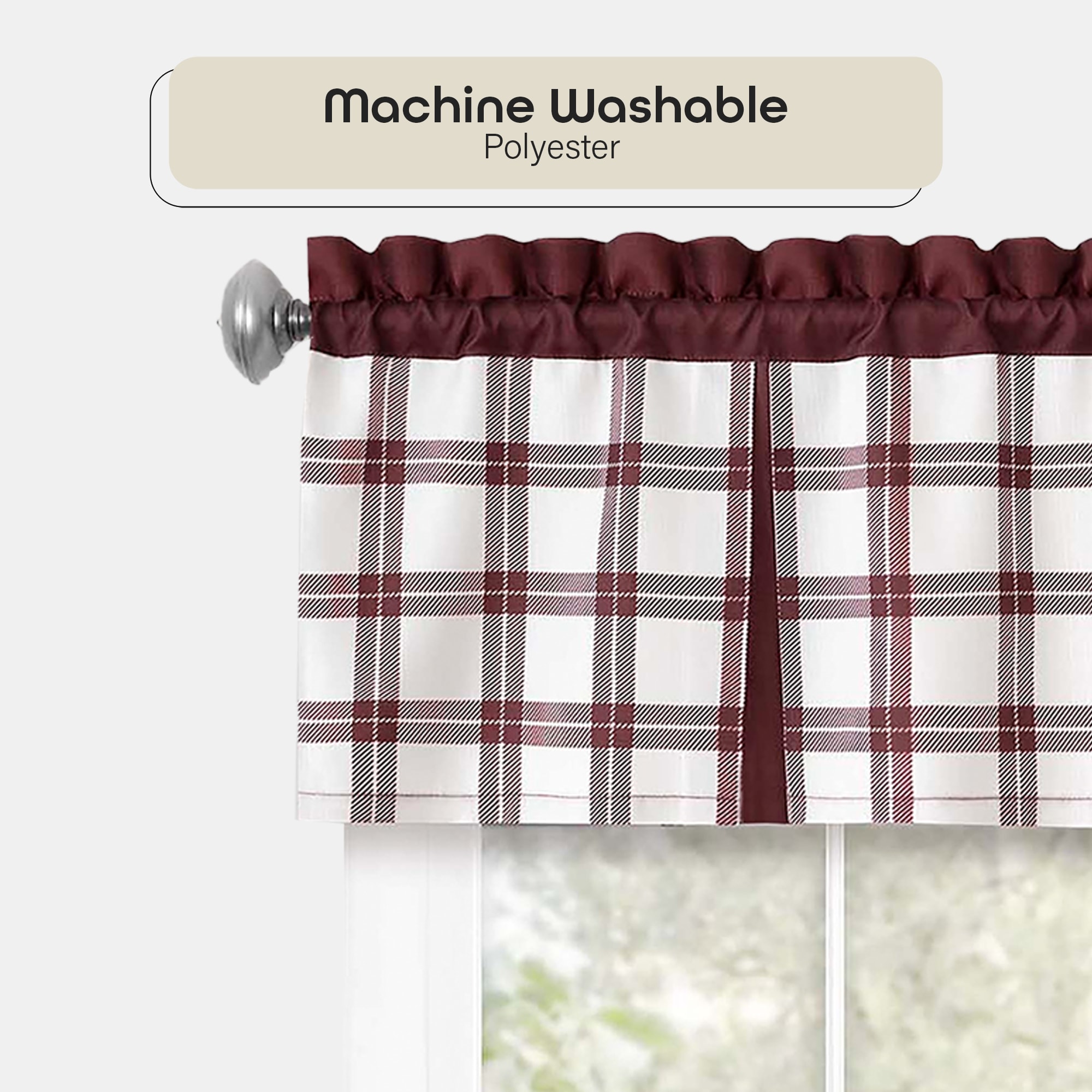Burgundy Plaid Light Filtering Rod Pocket Valance, 56" x 13"