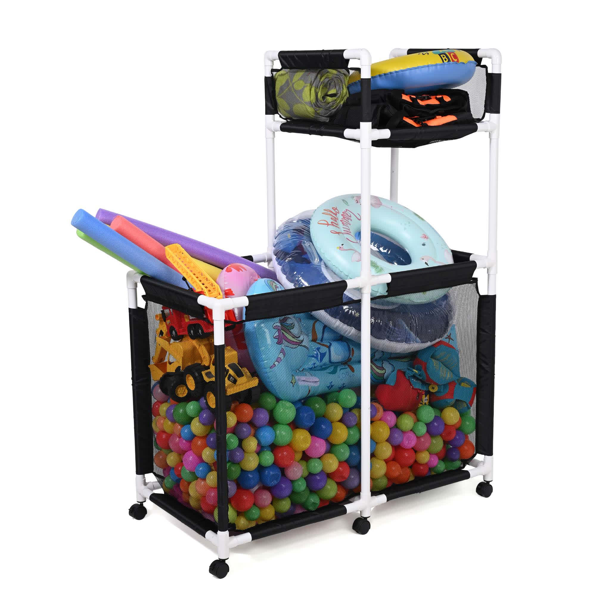 Yescom 06PSB07-2LAY-0607-LO Extra Large Mesh Pool Storage Bin Toys Holder  Rolling 6 Wheels  Double Decker Cart  Black
