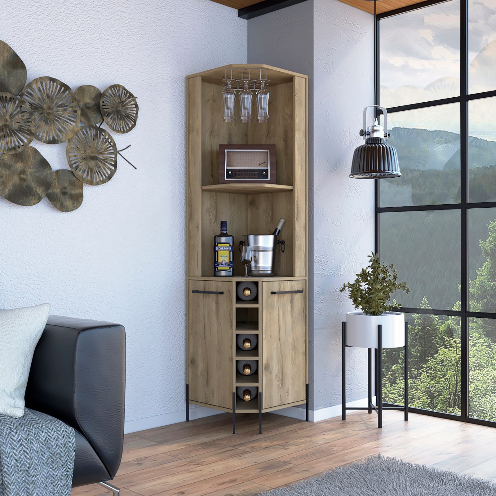 CHITA Modern Corner Bar Cabinet with 1 Door 2 Shelves Macadamia Finish 5 Bottle Wine Rack for Dining Room Kitchen and Home Entertaining Oak
