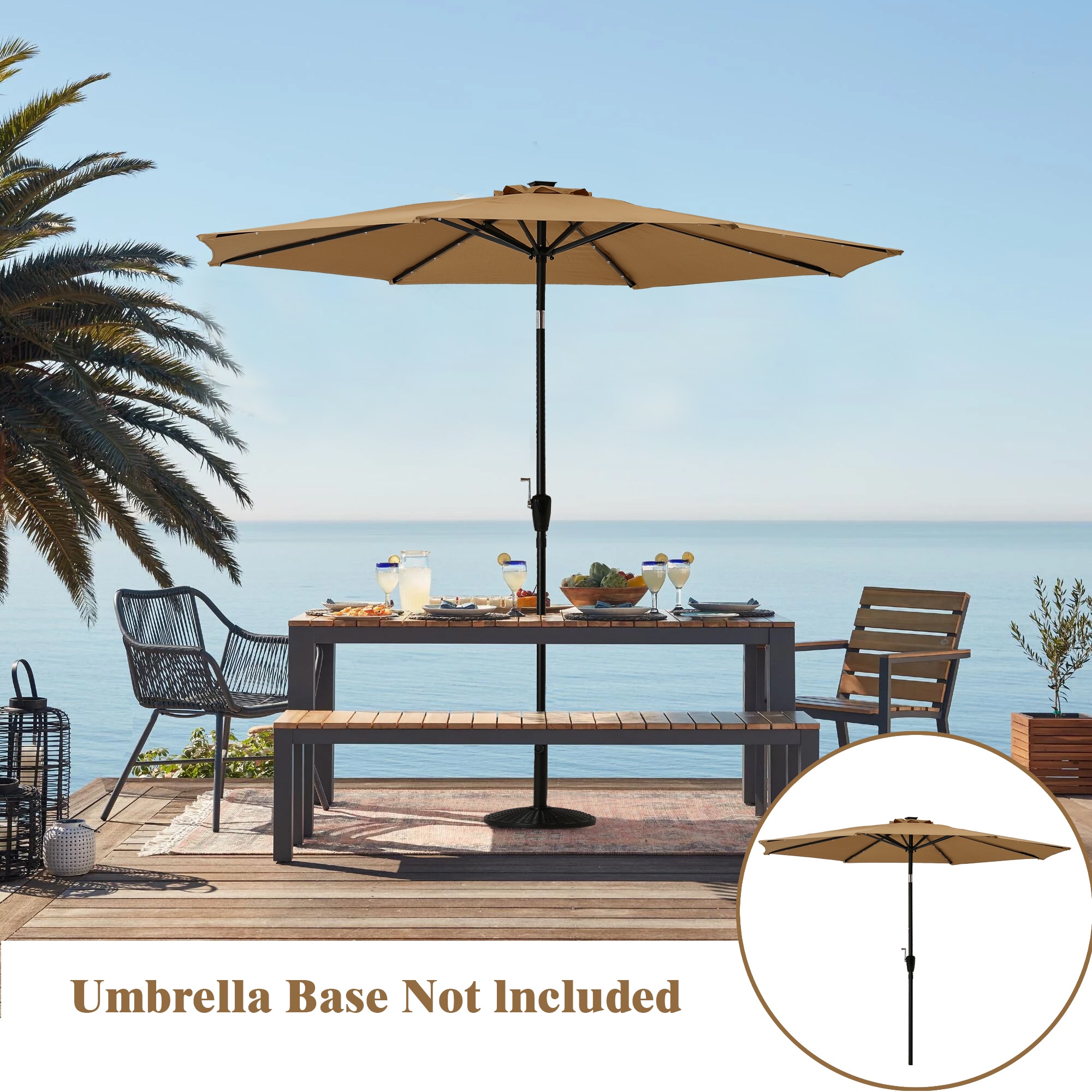 Clihome 10-ft Steel Octagon Tan Crank Market Patio Umbrella with Lights ...