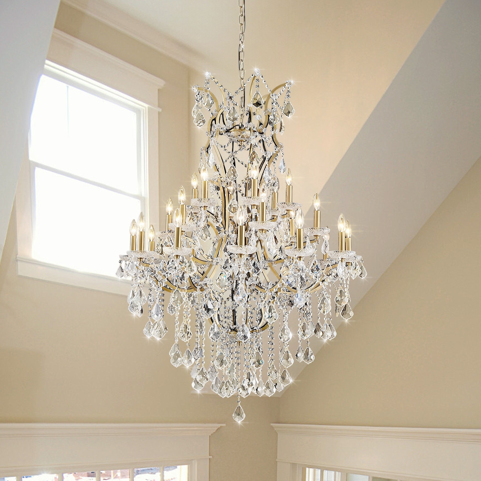 Gleam Flare 24 Lights Large Crystal Chandelier for High Ceilings Brass Chandelier Modern Light Fixture Maria Theresa Chandeliers for Foyer Entryway Staircase Living Lobby H55.1 x D37.4-Included Bulbs