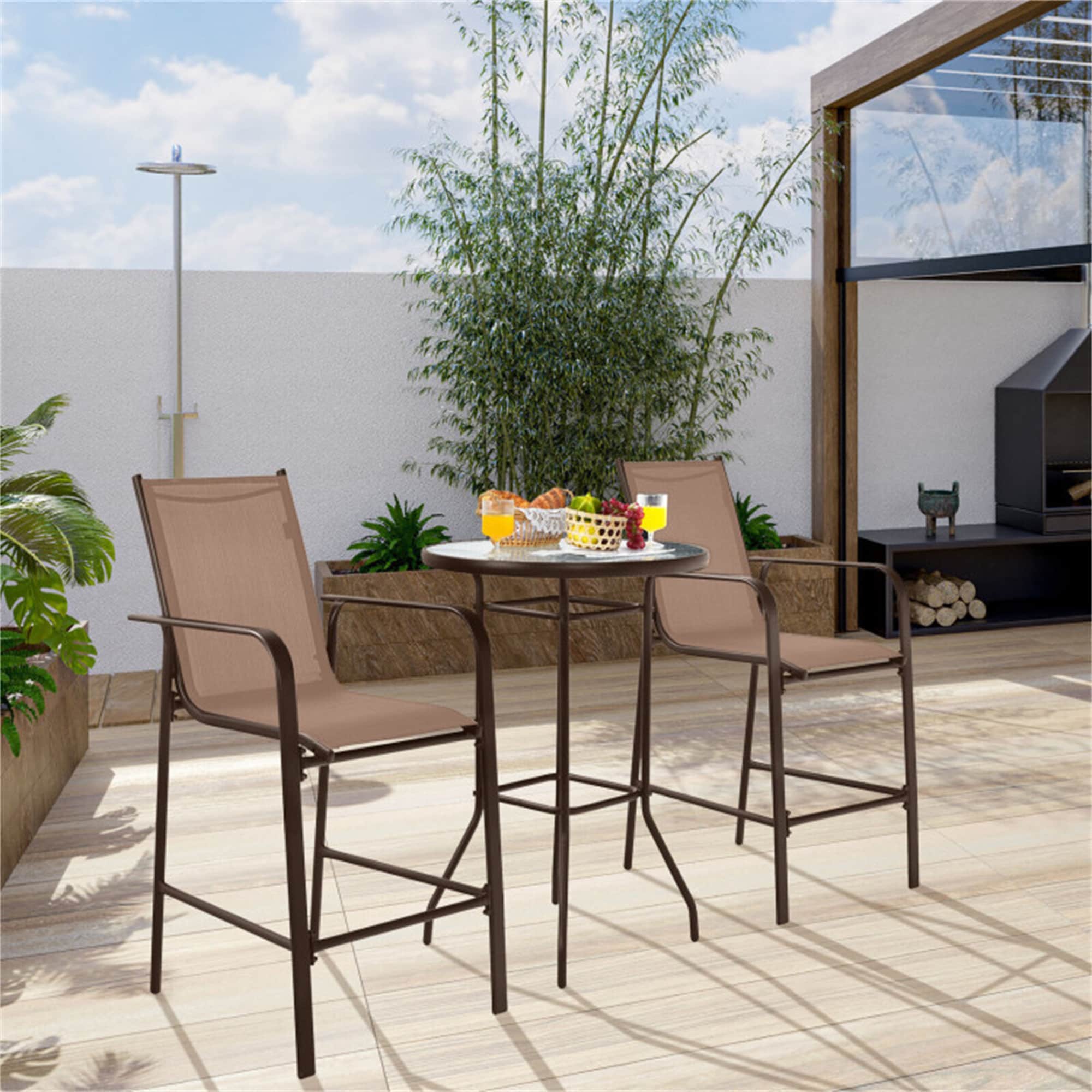 BABOOM BOM-27037-OR Patio Bar Table Stool Set 3 -Piece Brown Patio Dining Set Steel Round Table with 2 Brown Stationary Chairs