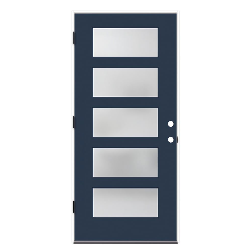 JELD-WEN LOWOLJW231300872 Frosted 36-in x 80-in x 4-9/16-in Fiberglass Full lite Right-hand outswing Revival Blue Painted Prehung Front Door Insulating core