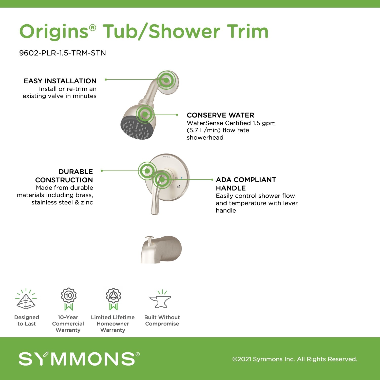 Symmons 9602-PLR-1.5-TRM-STN Showerhead-Bar-Panels - View #3