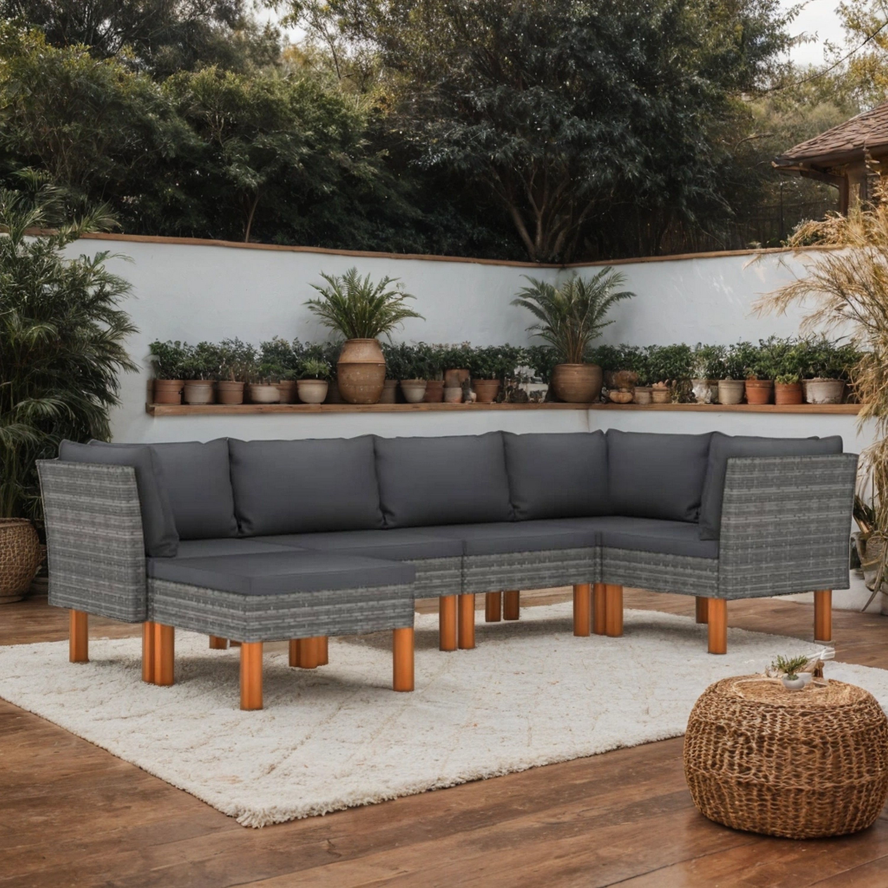 Benzara - Casey Brown 6-Piece Wicker Rattan Outdoor Lounge Sectional Sofa with Gray Cushion