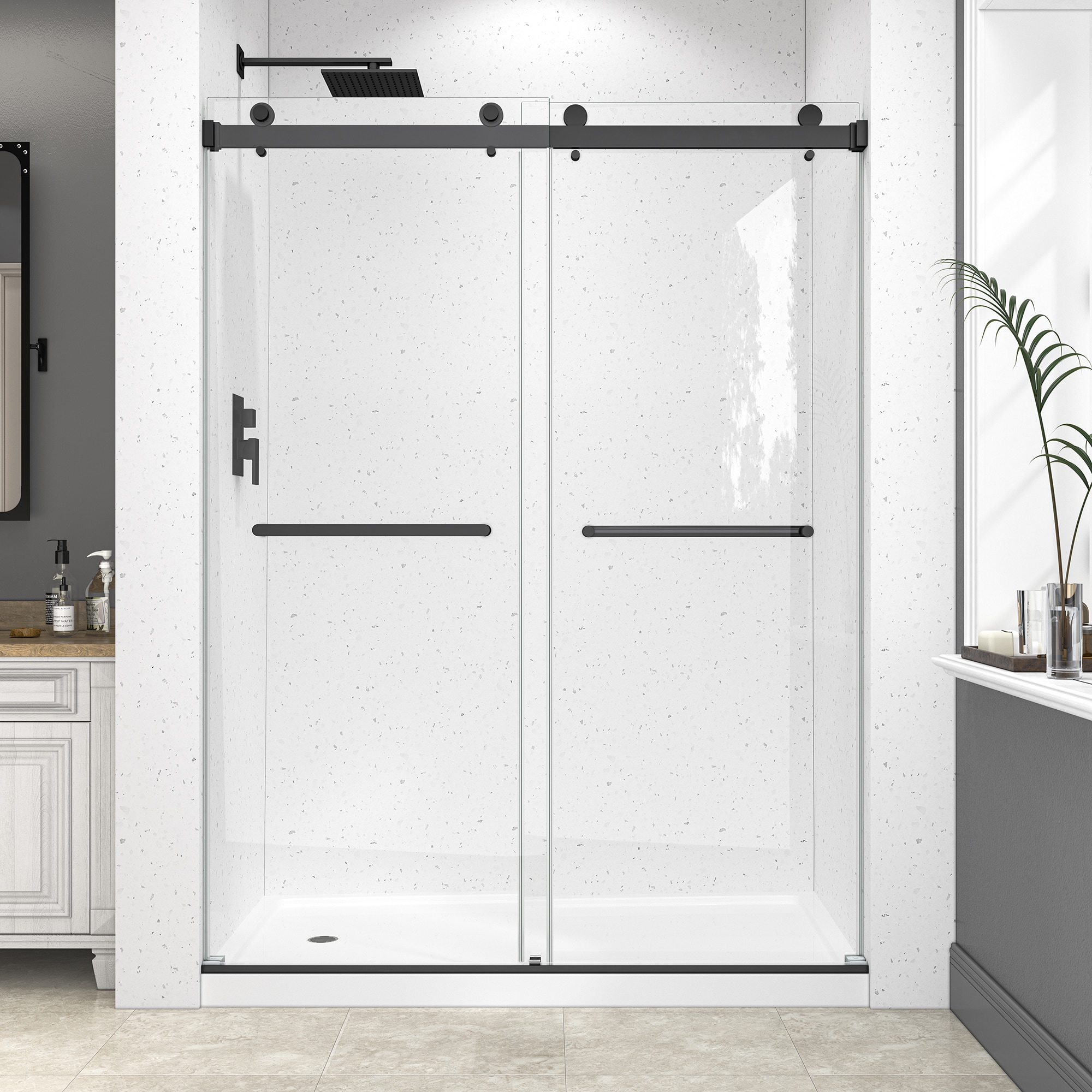 GDFStudio 55-60 Inch W x 78 Inch H Matte Black Reversible Double Bypass Sliding Frameless Shower Door with 6mm Tempered Glass and Nano Explosion Proof Film