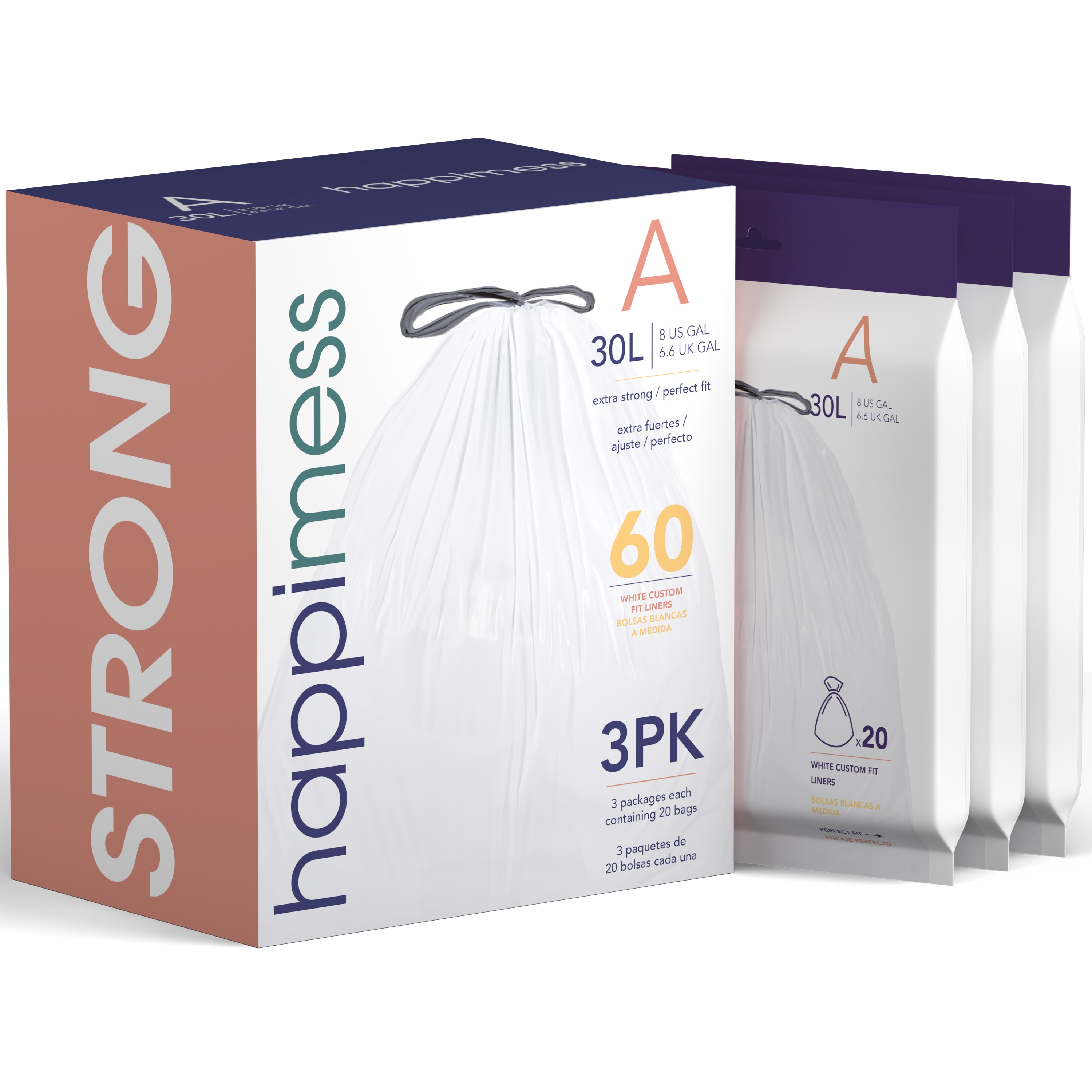 happimess HPM3000A-WHITE Unscented 3-Packs of 20 Liners 8-Gallons Unscented Clear Indoor Plastic Kitchen Drawstring Trash Bag 60 -Count