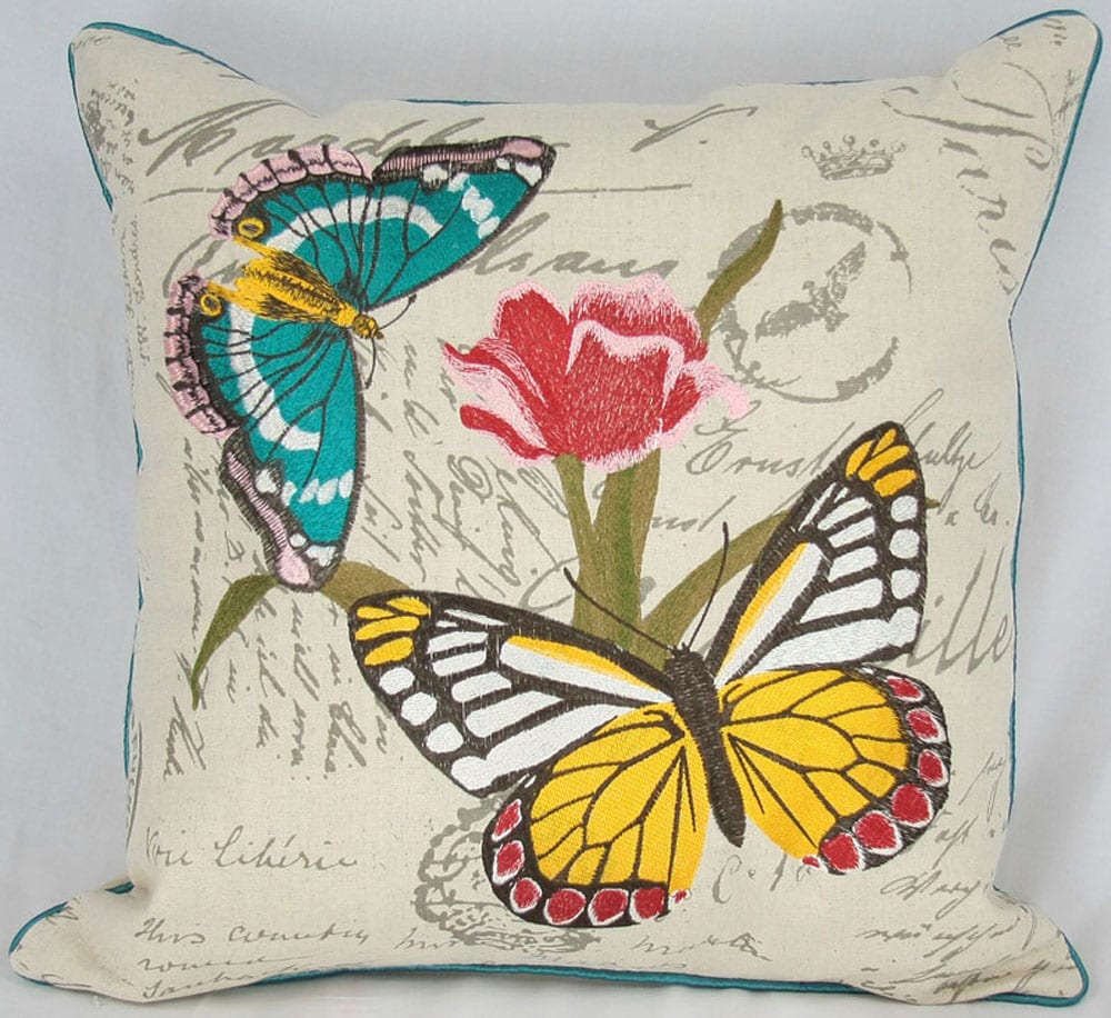 MANOR LUXE ML110711818FEATHER Colorful Butterfly Embroidered Square Cushion with Down Fill, Cotton Linen Fabric Blend, Zipped Enclosure, Removable Feather Insert
