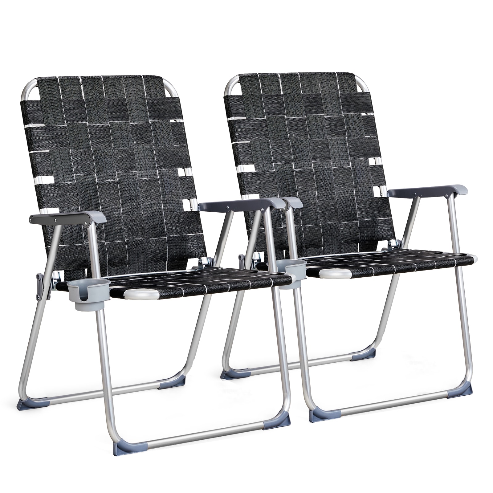 VINGLI 2-Pcs Aluminum Oversize Patio Folding Chairs with Detachable Cup Holder/Webbed Beach Chair Folding Chair Outdoor Portable Camping Chair for Yard Black #LS-G58000576