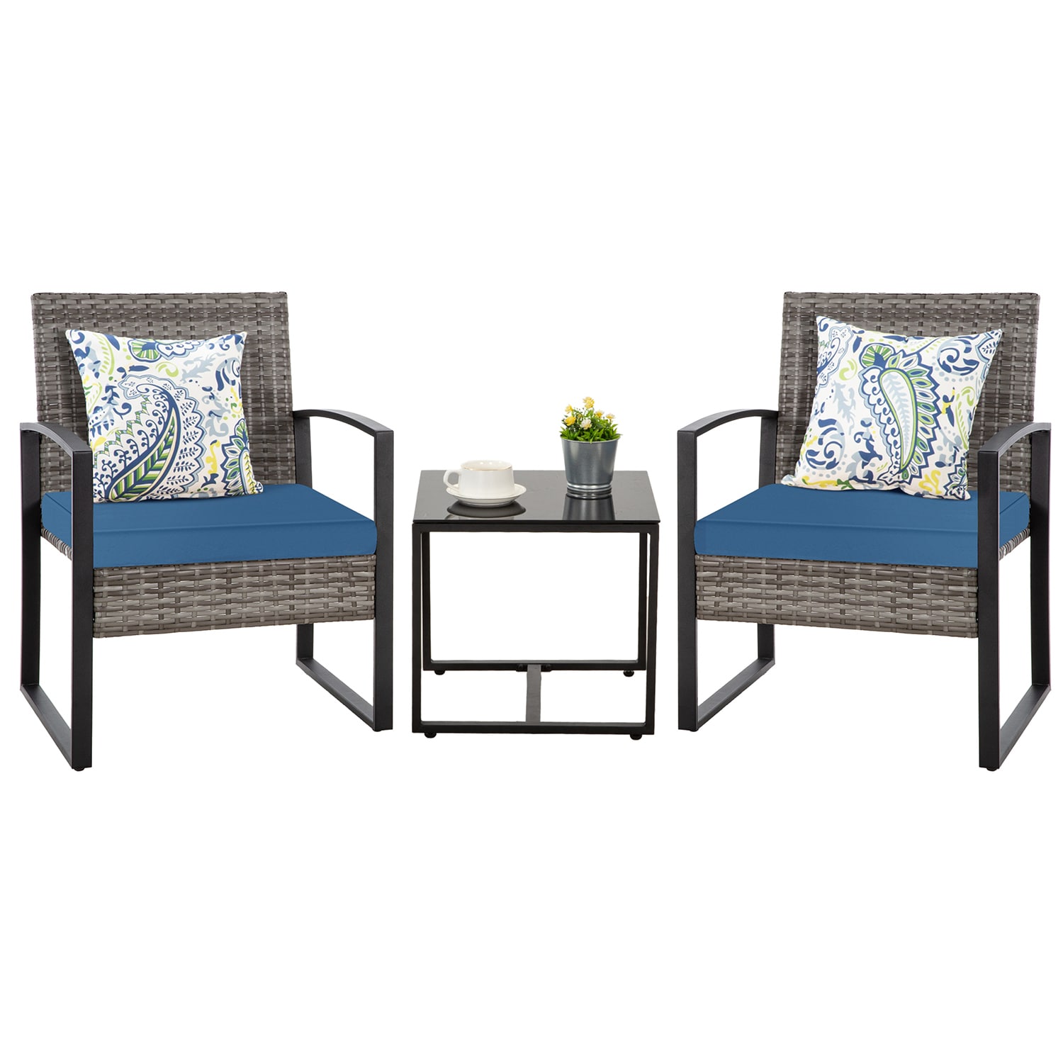 Dimakai DK-TTGYBL2861 3 -Piece Rattan Patio Conversation Set with Blue Cushions