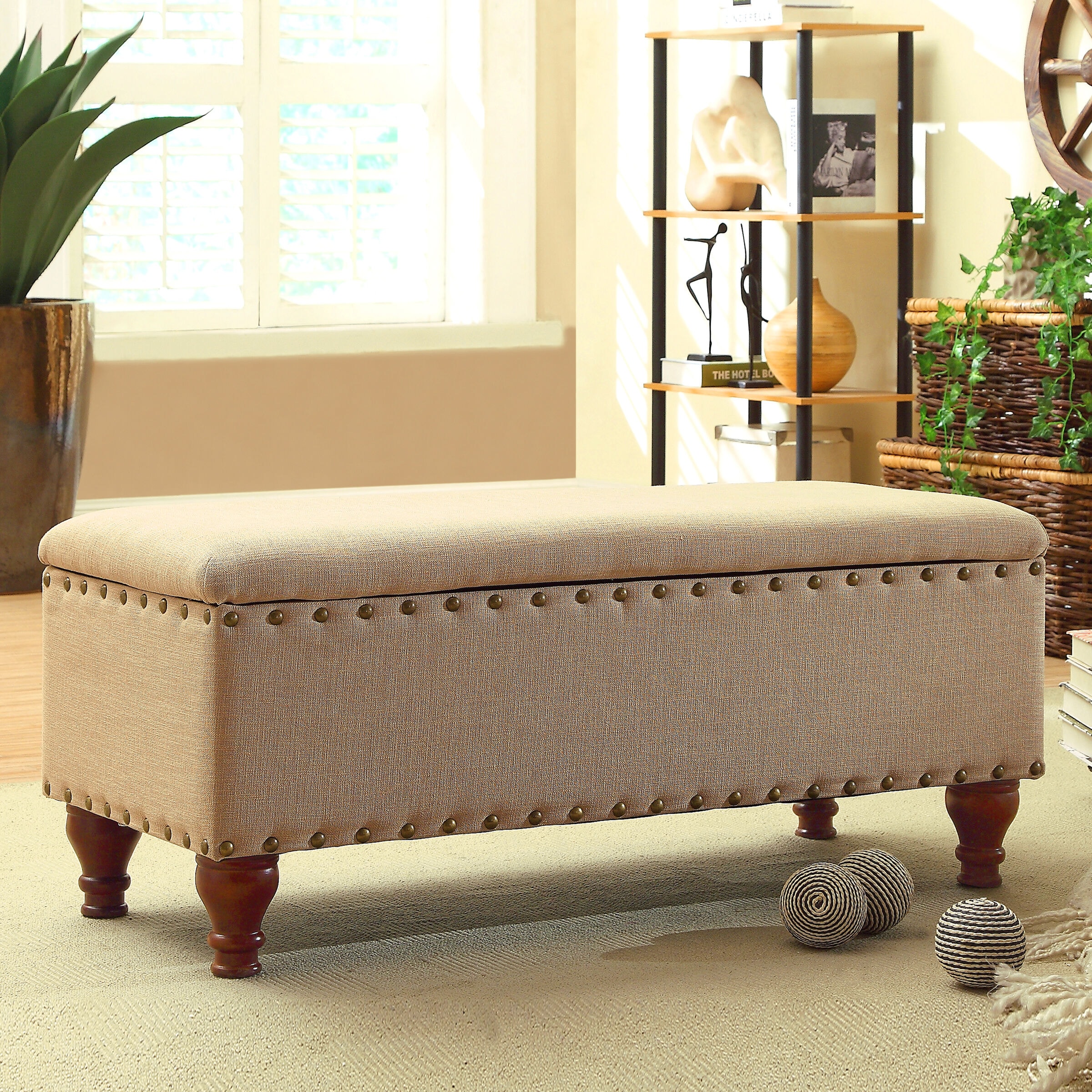 HomePop K6159-F1399 Casual Textured Solid Tan with Nail Head Trim Storage Bench with Storage 42-in x 18-in x 18-in