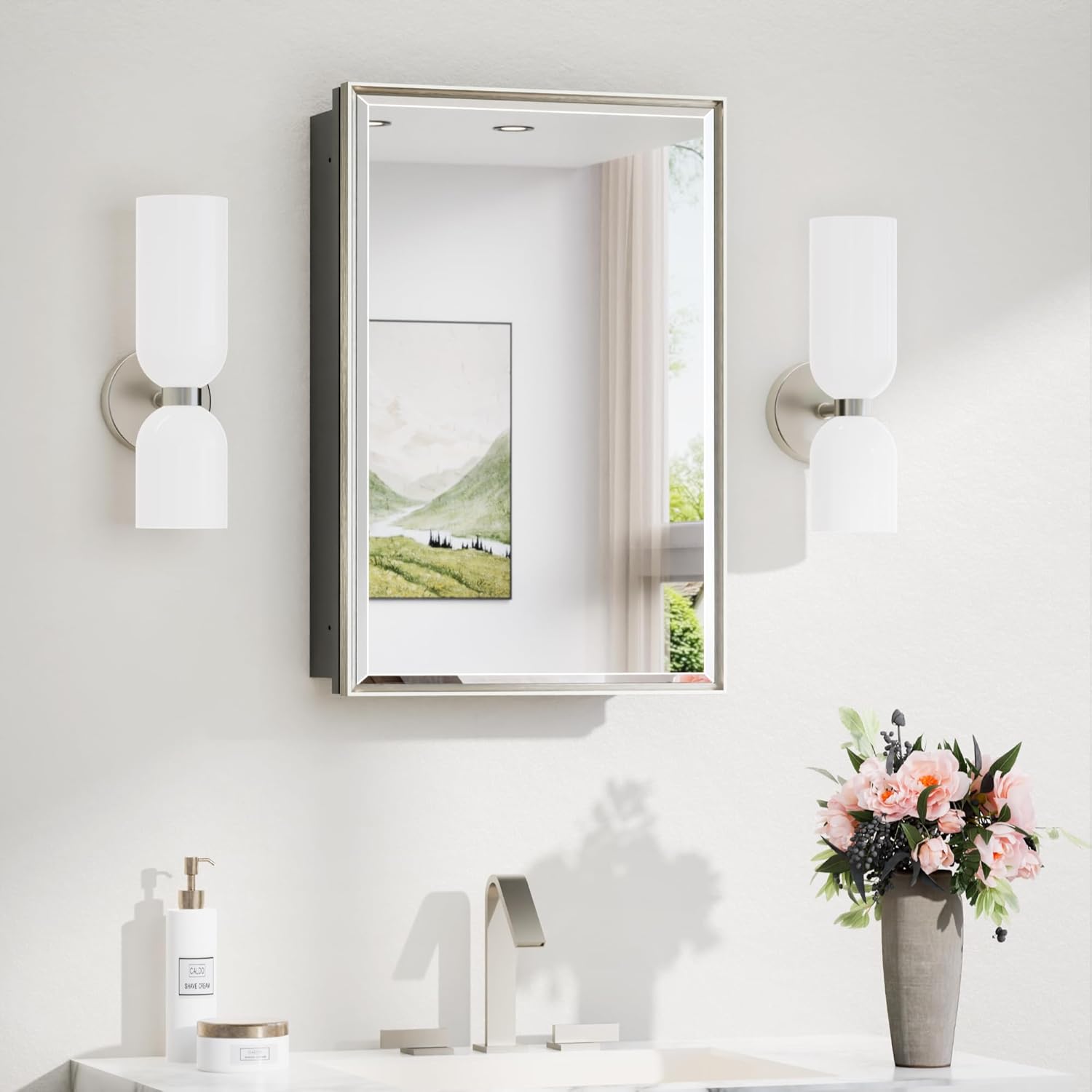 TokeShimi  16x24 Beveled Mirrored Medicine Cabinet Wall Mounted or Recessed Medicine Cabinet with Mirror for Bathroom Brushed Nickel Aluminum Framed Metal Mirror with Storage Adjustable