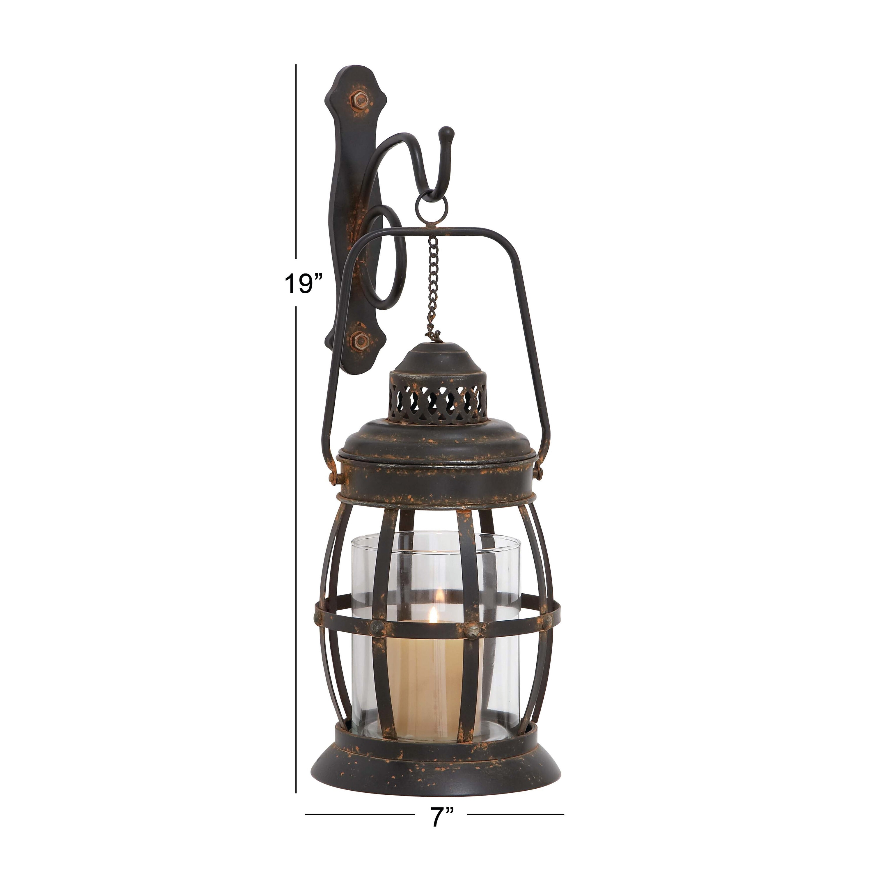 Elegant Brown Bronze Metal Glass Lantern Wall Sconce, 7"W x 19"H