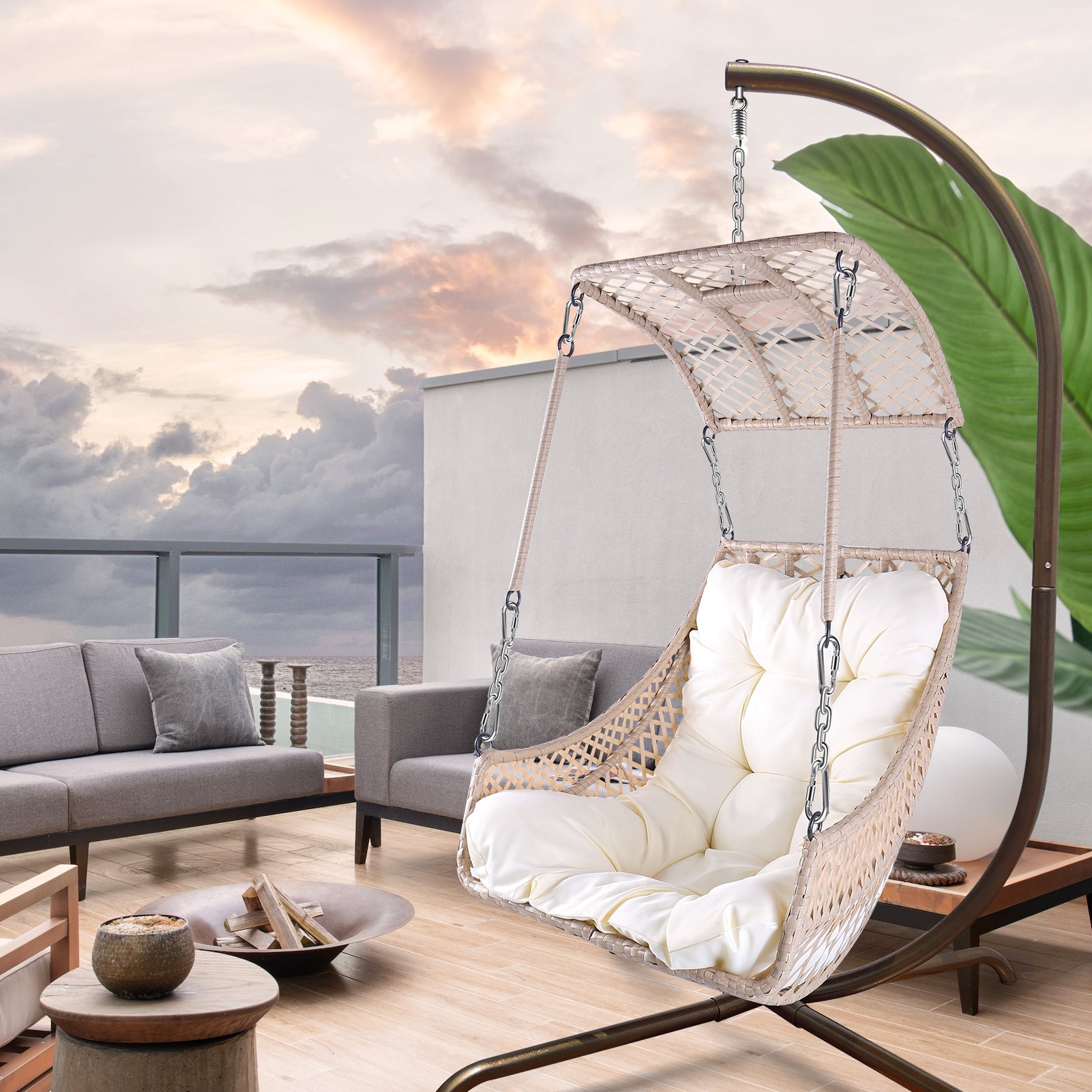 Forclover Patio Swing Hammock Egg Chair Rattan Beige White Metal