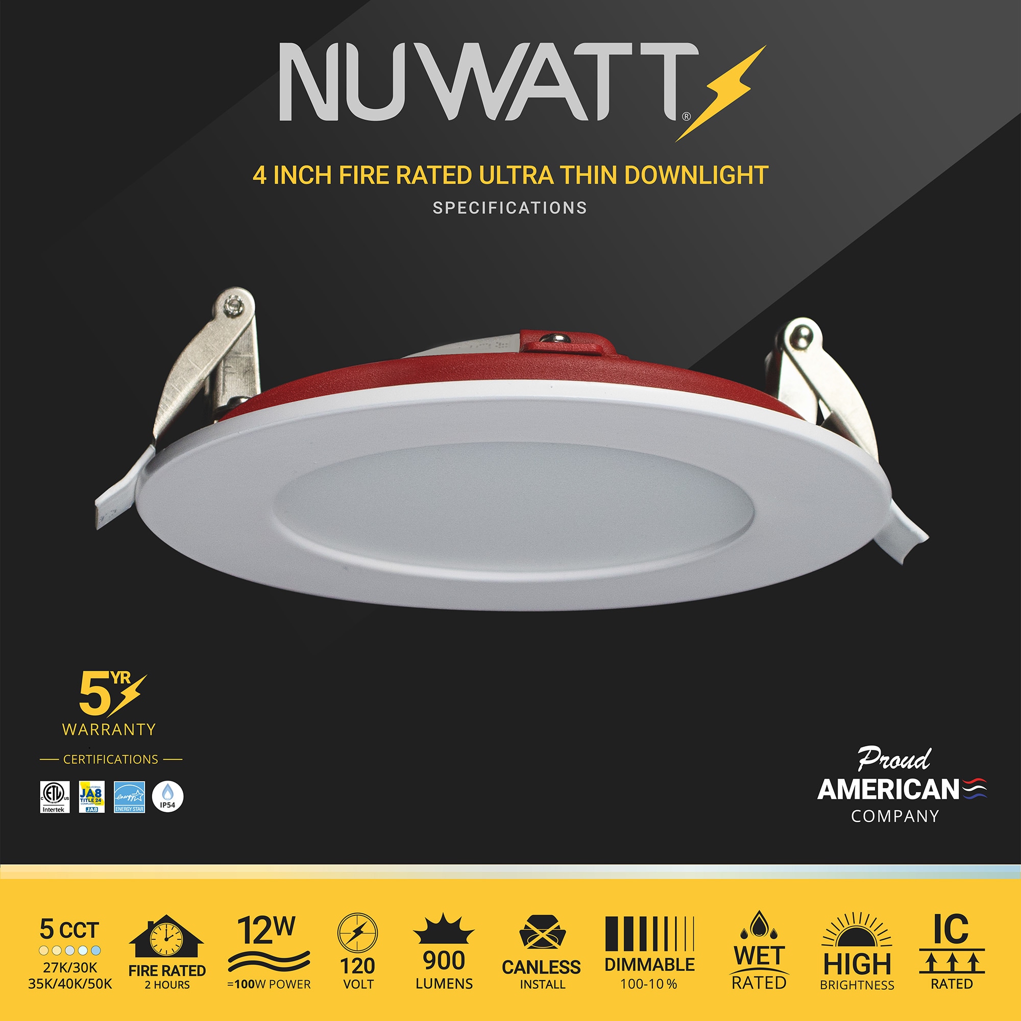 NUWATT 2 Hour Fire Rated Lights White 4-in 850-Lumen Switchable Round ...