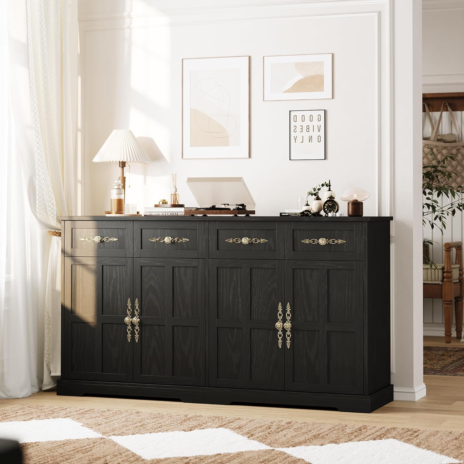 IdealHouse 63 Inch Large Buffet Sideboard with Storage 36 Inch Tall Kitchen Buffet Storage Cabinet with 4 Drawers Modern Coffee Bar Cabinet with Gold Handles Long Sideboard Buffet Table for Kitchen