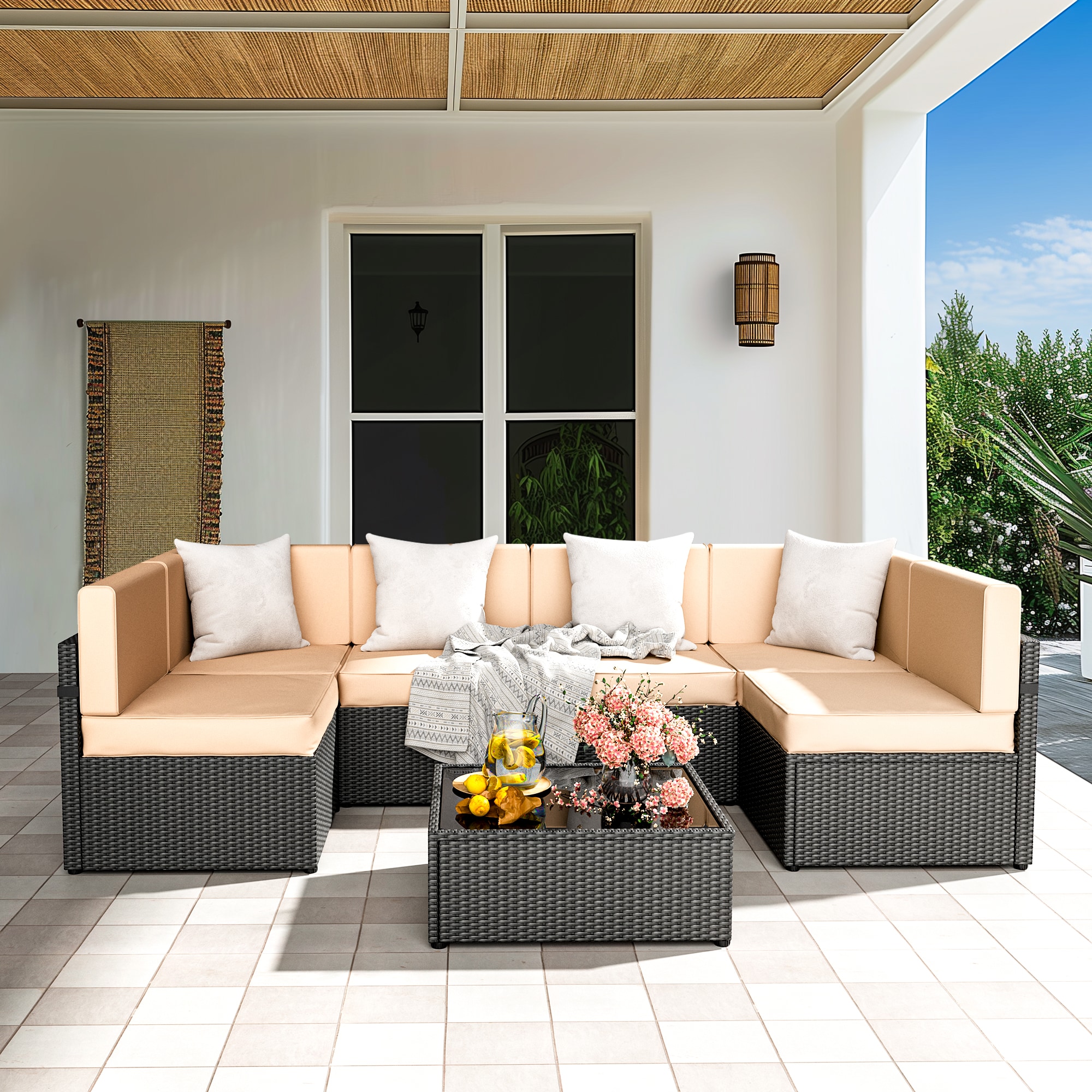 PamaPic 7- Piece Patio Conversation Set Rattan Outdoor Sectional With ...