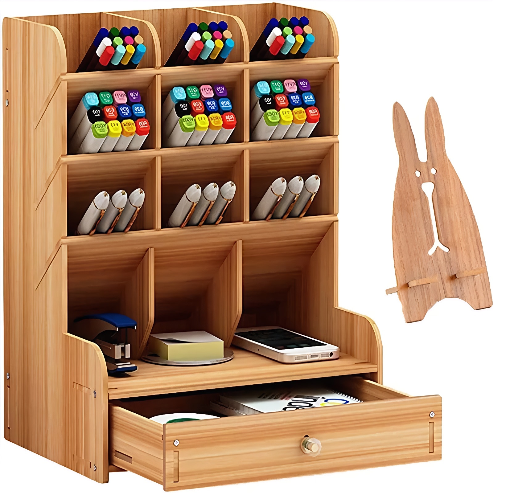 MiniEpic DIY Assembly Wooden Desk Organizer Multi Function Pen Stationary Storage Box with Drawer for Office
