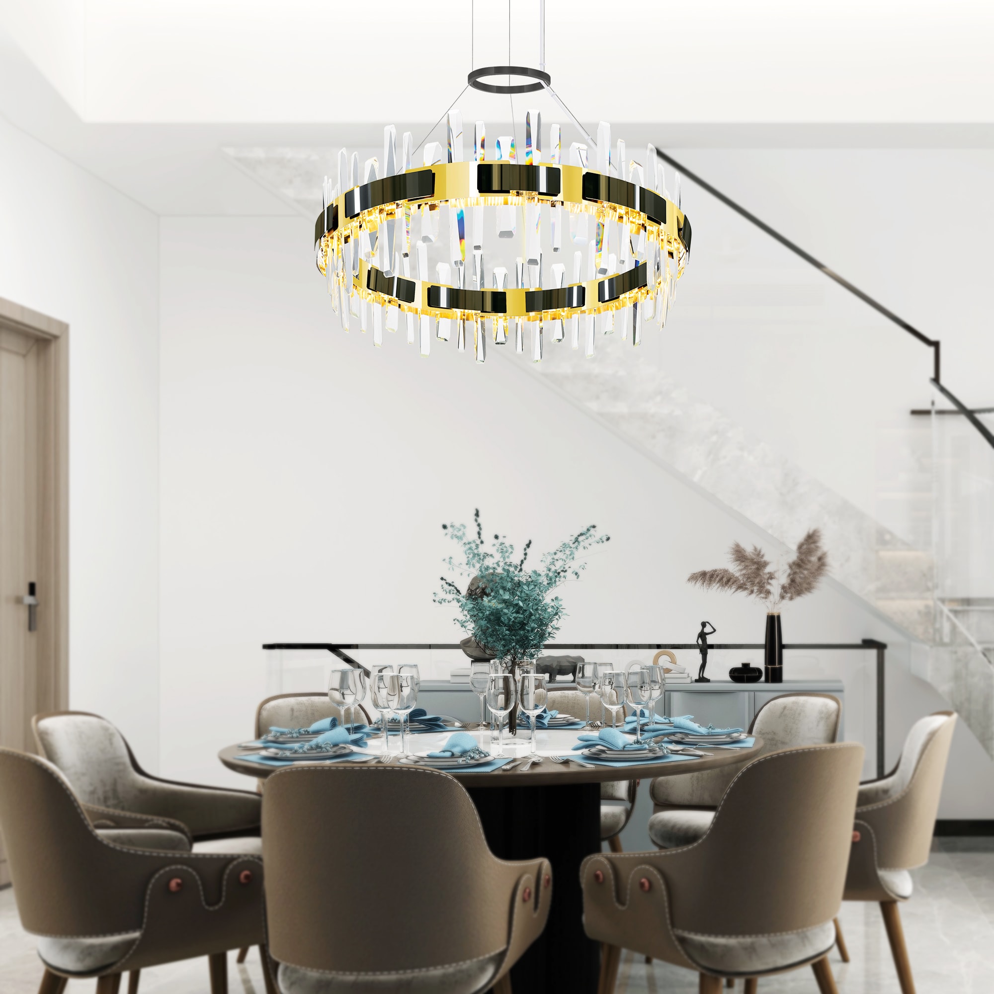Aya Pearl Black Crystal LED Chandelier 32" with Stunning Details