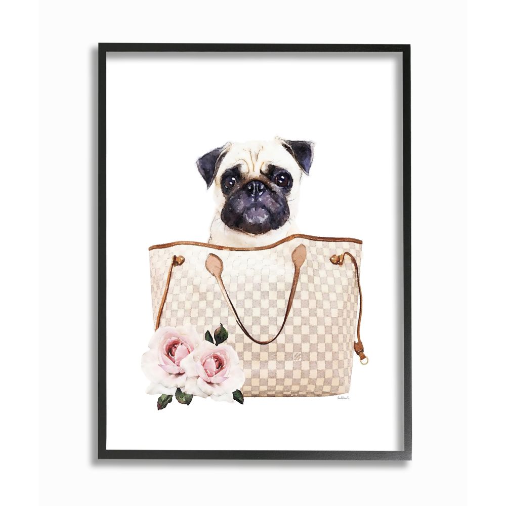 Stupell Industries AB-562-FR-24X30 Glam Pet in Checkered Designer Bag with Roses Amanda Greenwood Black Framed Wood Framed 30-Inches H x 24-Inches W Figurative Print