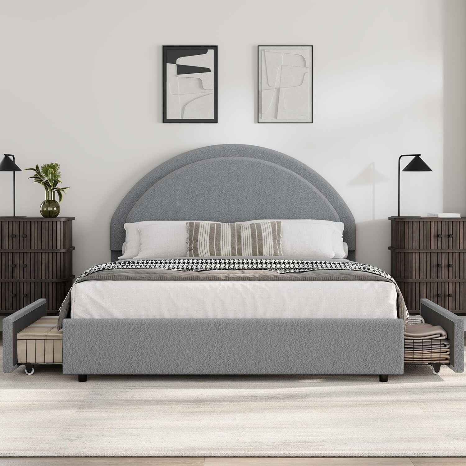 Garvee - Full Size Bed Frame with Headboard Upholstered Boucle Platform Bed Frame with 2 Storage ...