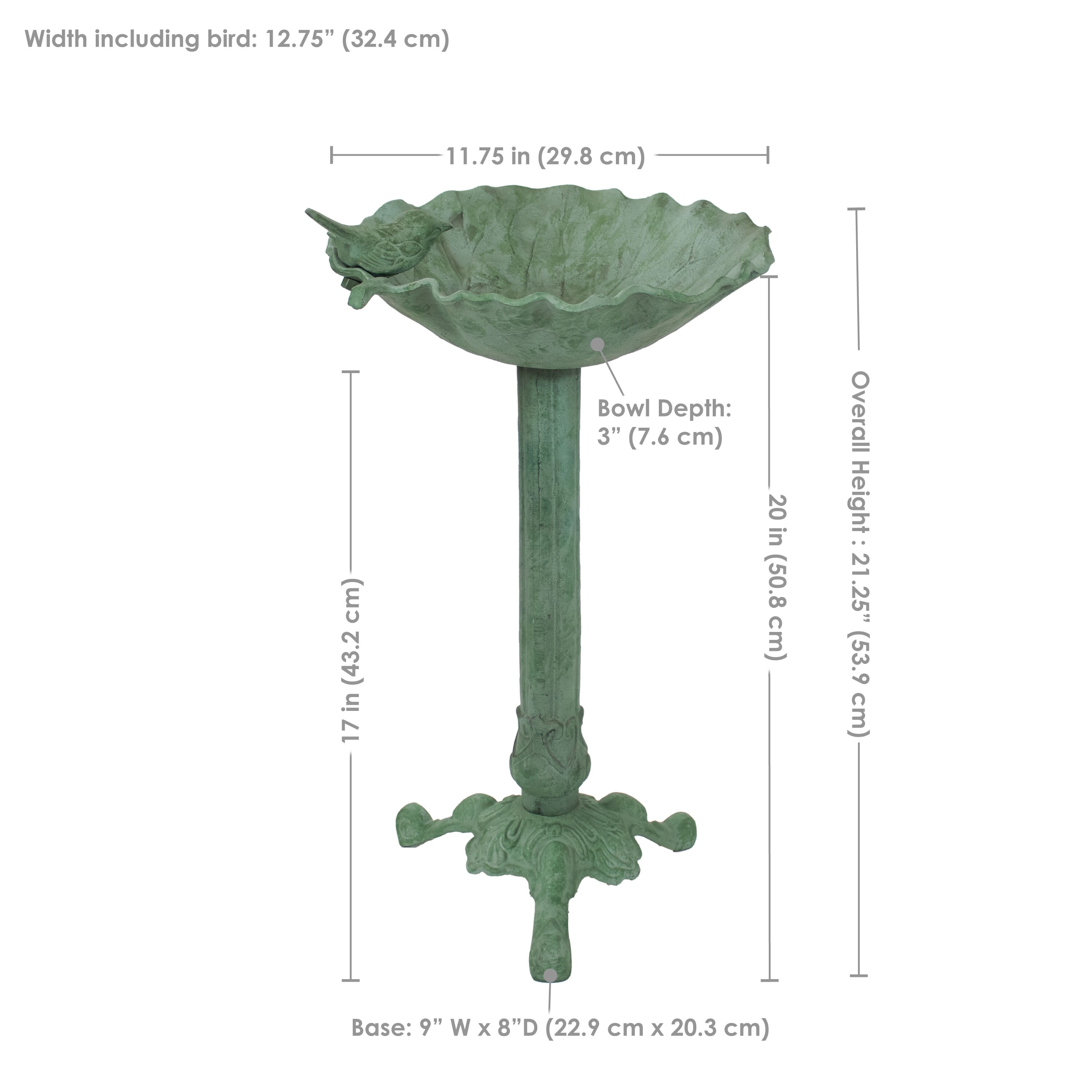 Green Patina Cast Aluminum Leaf Bird Bath with Metal Sculpture