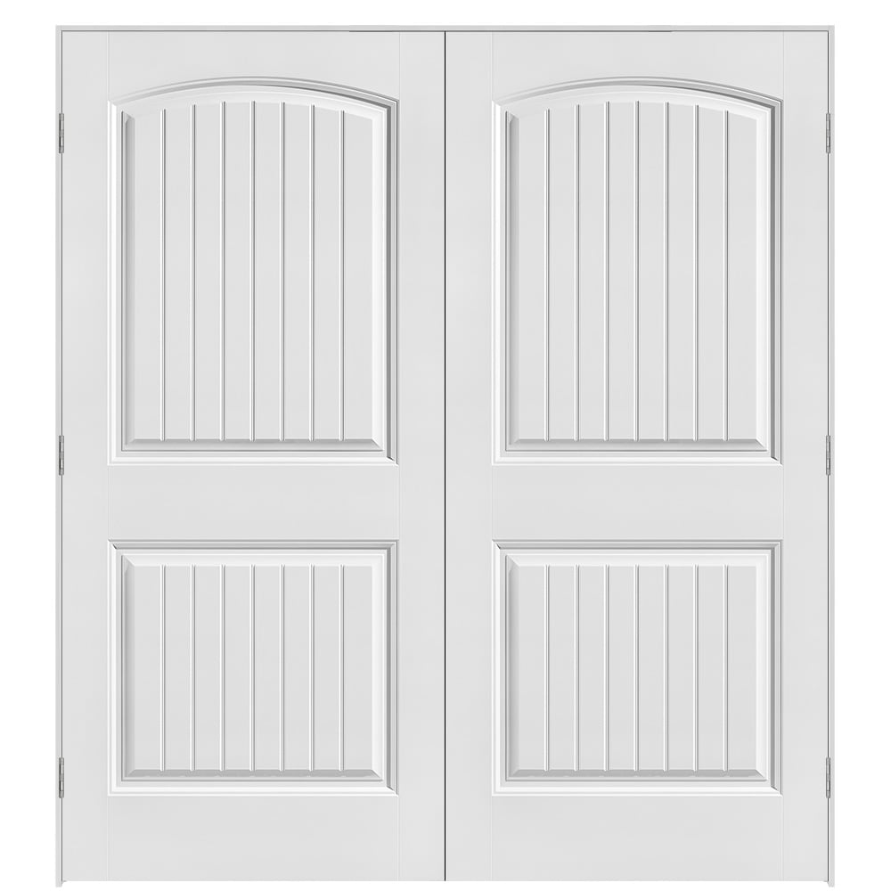Masonite 640889 72-in x 80-in Primed Hollow core 2-panel round top plank Bi-parting Smooth Primed Molded composite Flat Jamb Double Prehung Interior Door