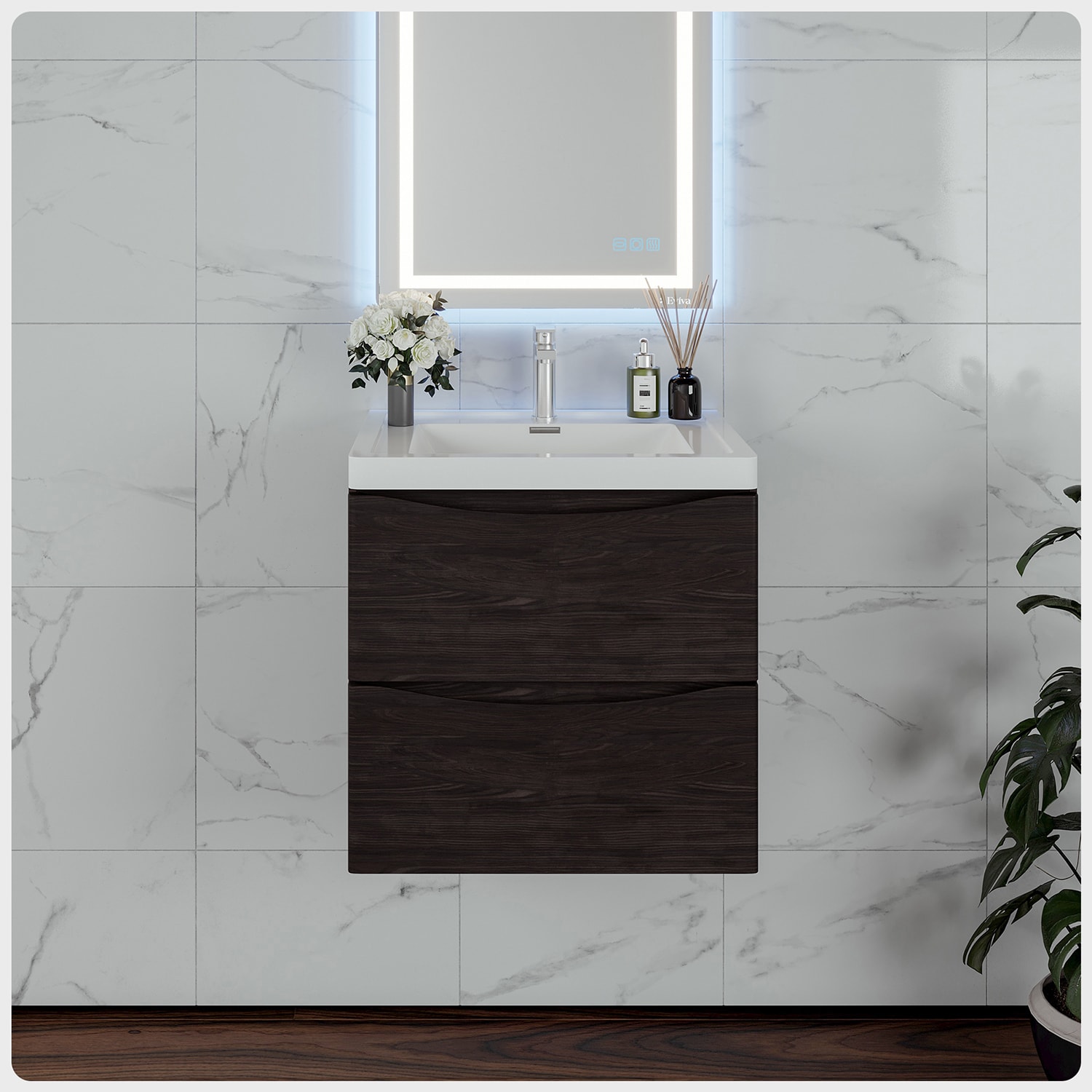 Eviva EVVN600-24CHNT-WM Smile 24-in Chestnut Single Sink Floating Bathroom Vanity with White Acrylic Top