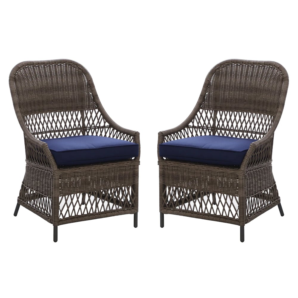 allen + roth FRS81434-C Maitland Set of 2 Wicker Brown Steel Frame Stationary Dining Chair with Navy Cushioned Seat