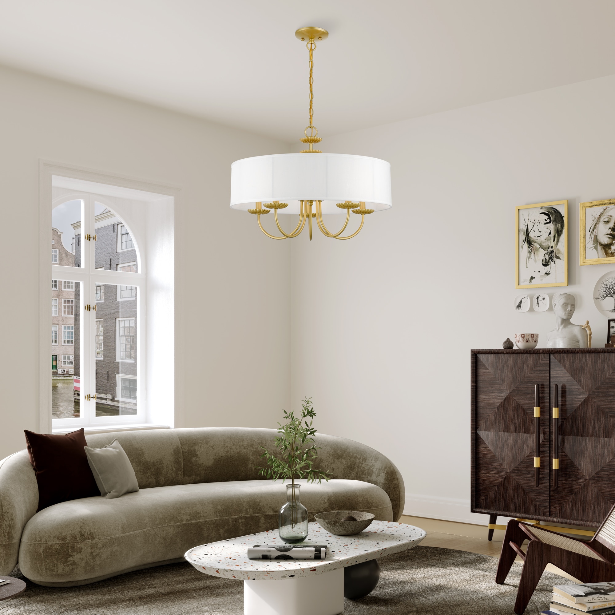 Brookdale Soft Gold 5-Light Pendant with Off-White Drum Shade