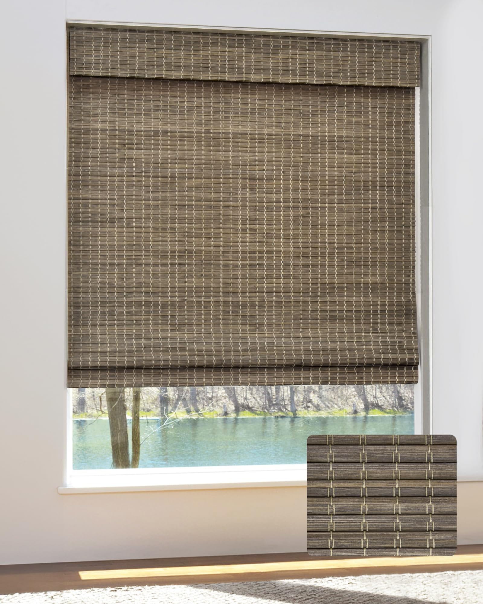 Numhew 27.5in W x 64in H Cordless 1-Panel Driftwood Bamboo Roman Shades